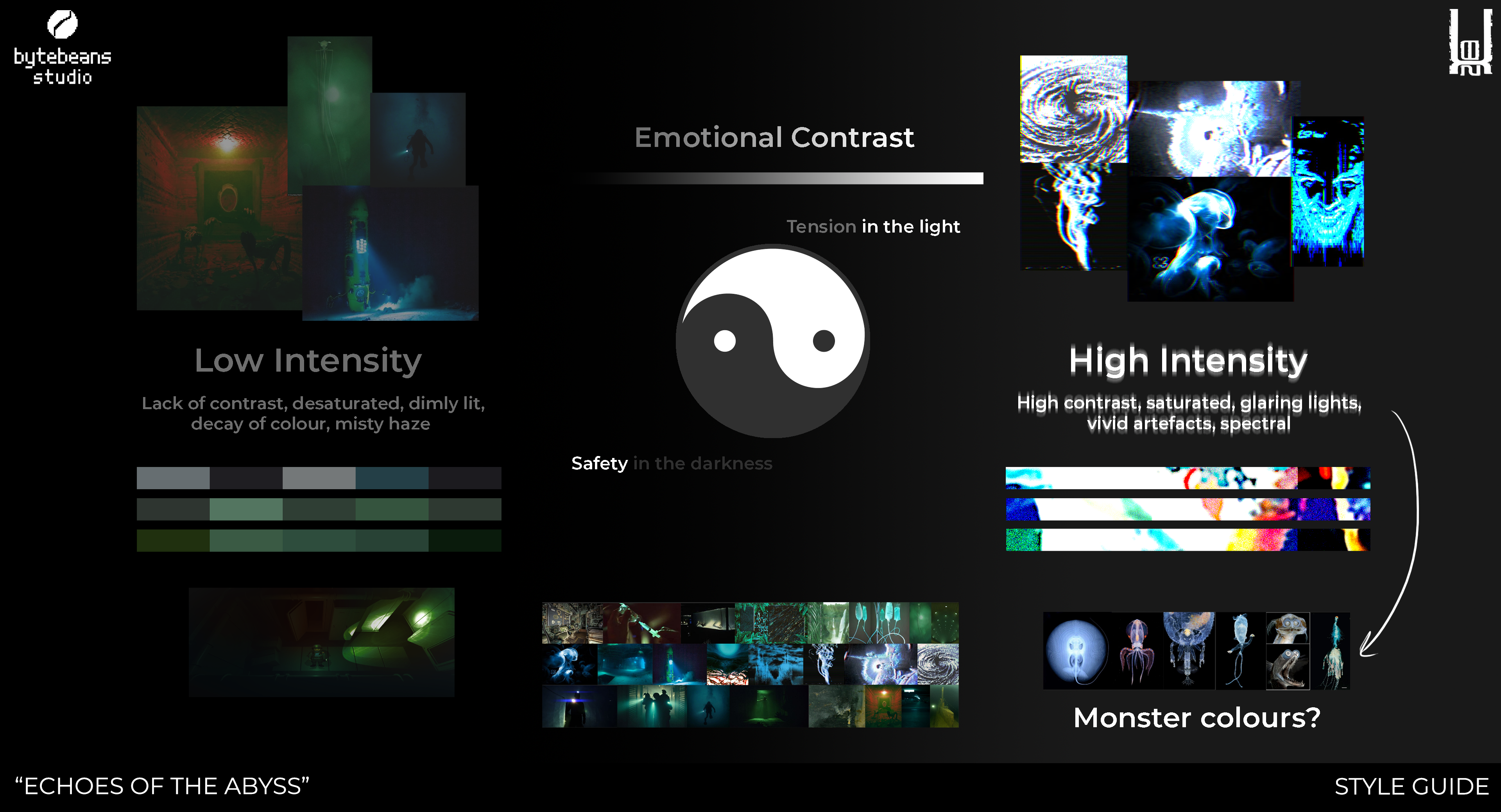 Style guide, exploring how colours and values could be utilised and contrasted to communicate the narrative of the game.