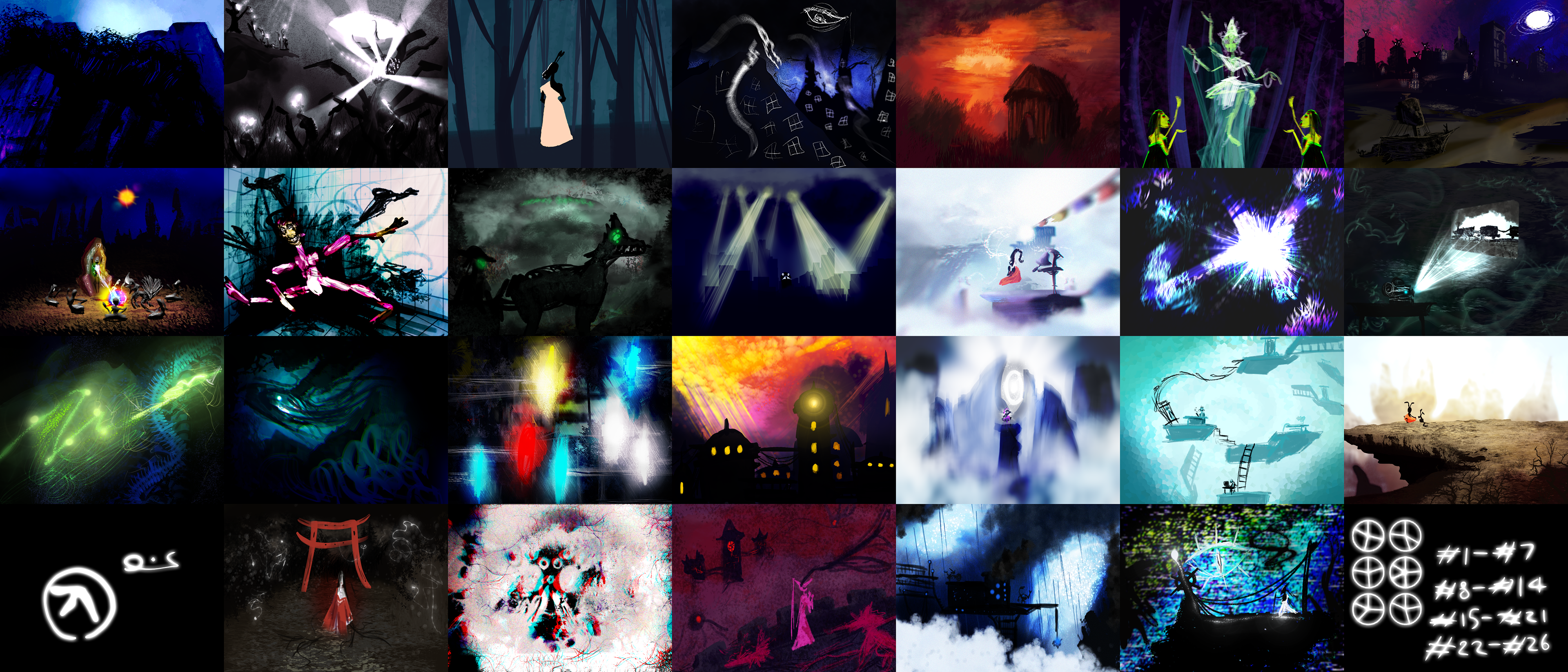 Visual depictions of Selected Ambient Works Volume II. Each thumbnail was drawn on 'auto-pilot' and (mostly) purely from instinct. - 2020