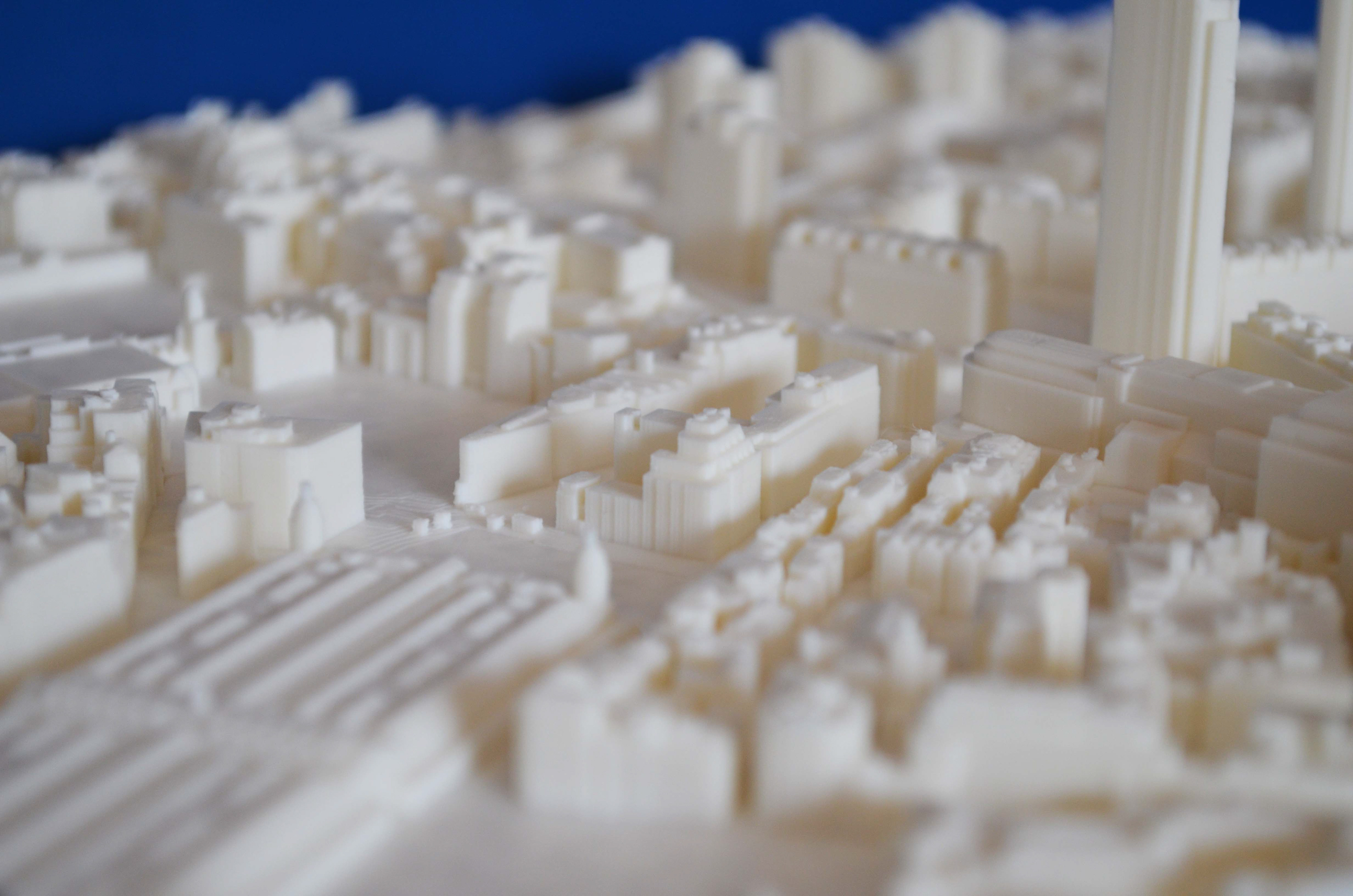 3D printed London city model in white ABS plastic