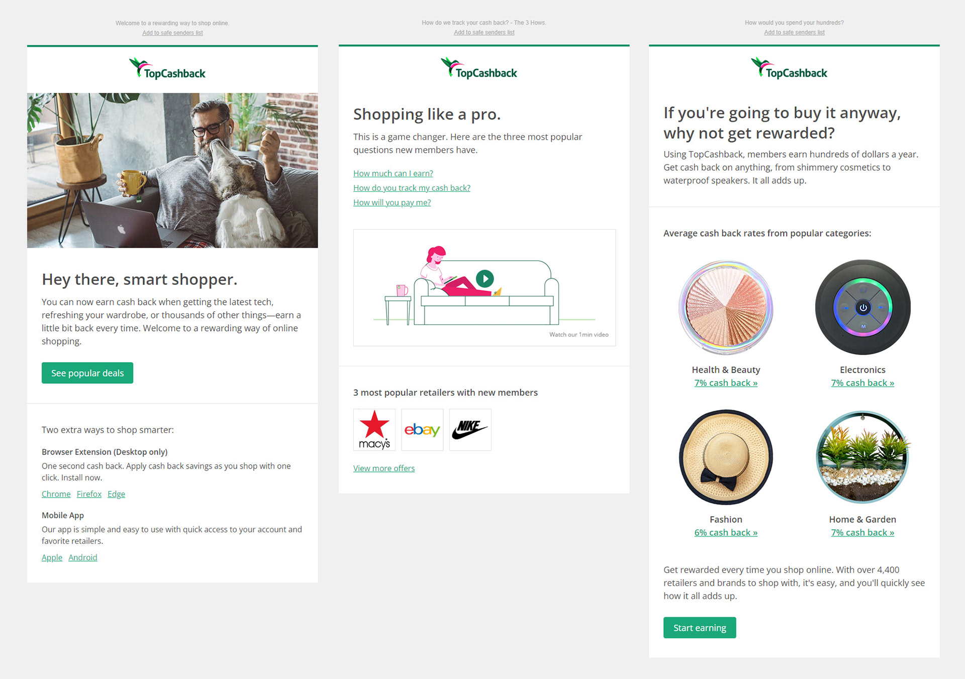 Three different onboarding emails for the TopCashback service.