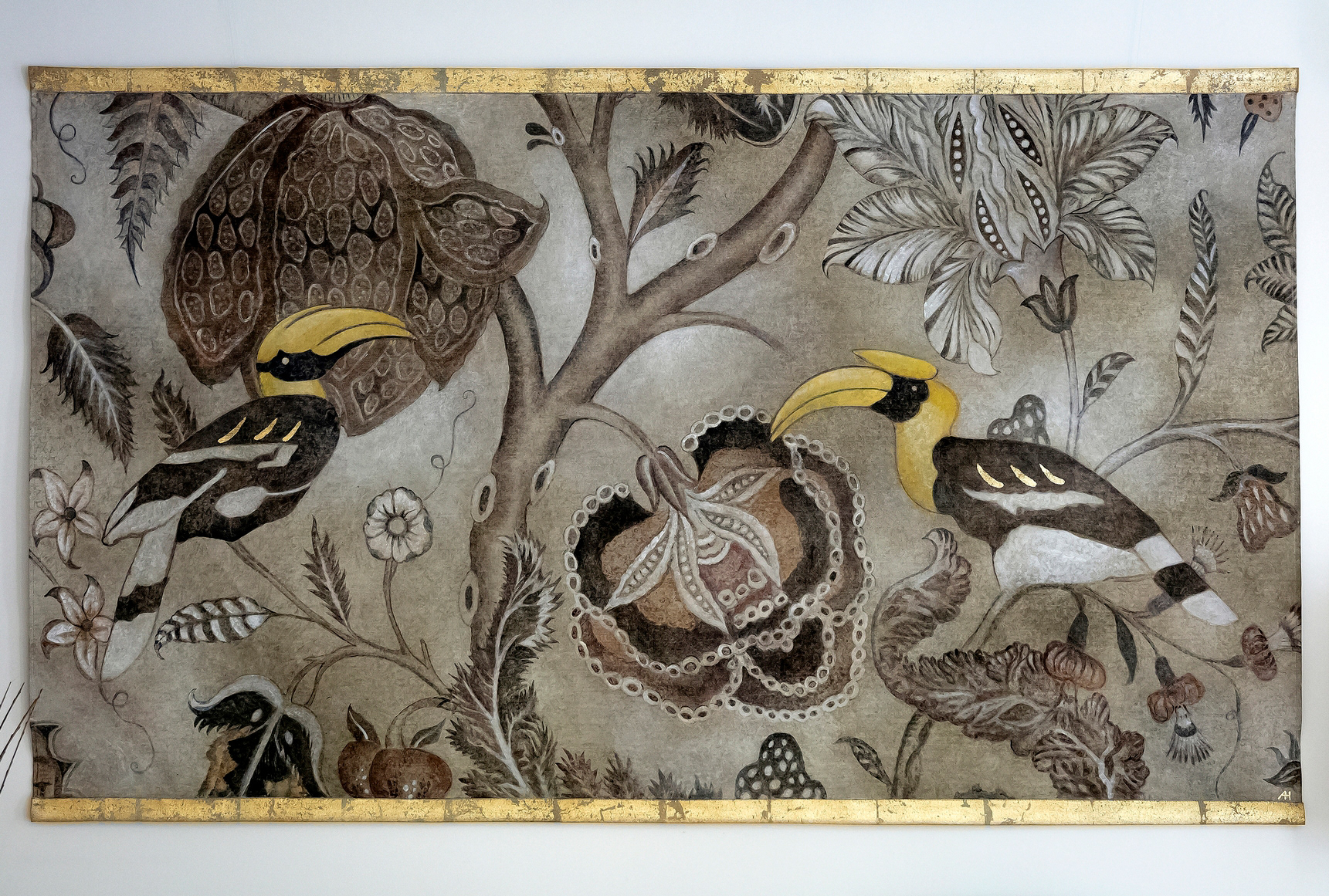 Toile oiseaux en lin et pigments naturels - 1950€