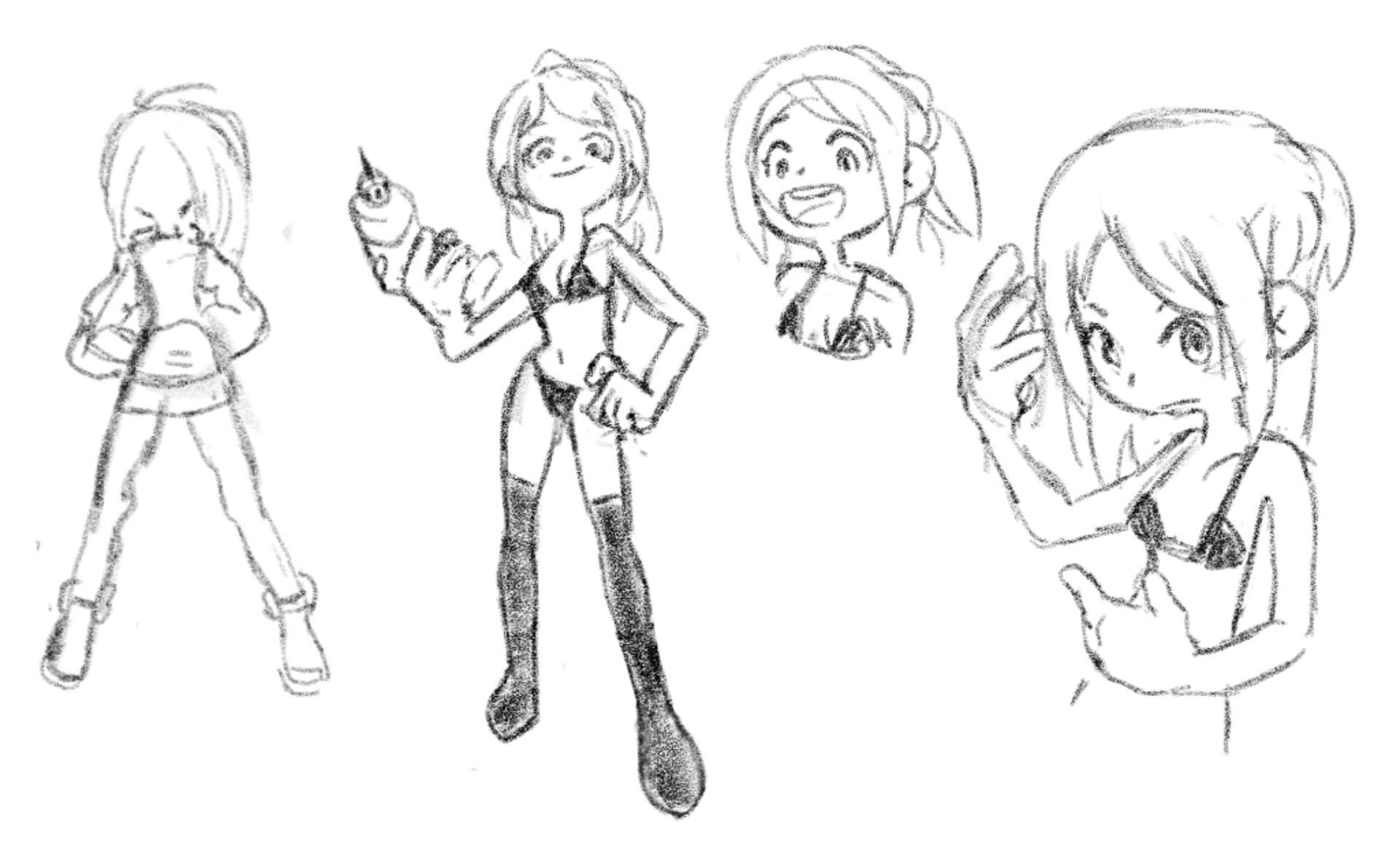 I experimented with caricatured proportions like big head and hands & small body, but it ended up looking too young again