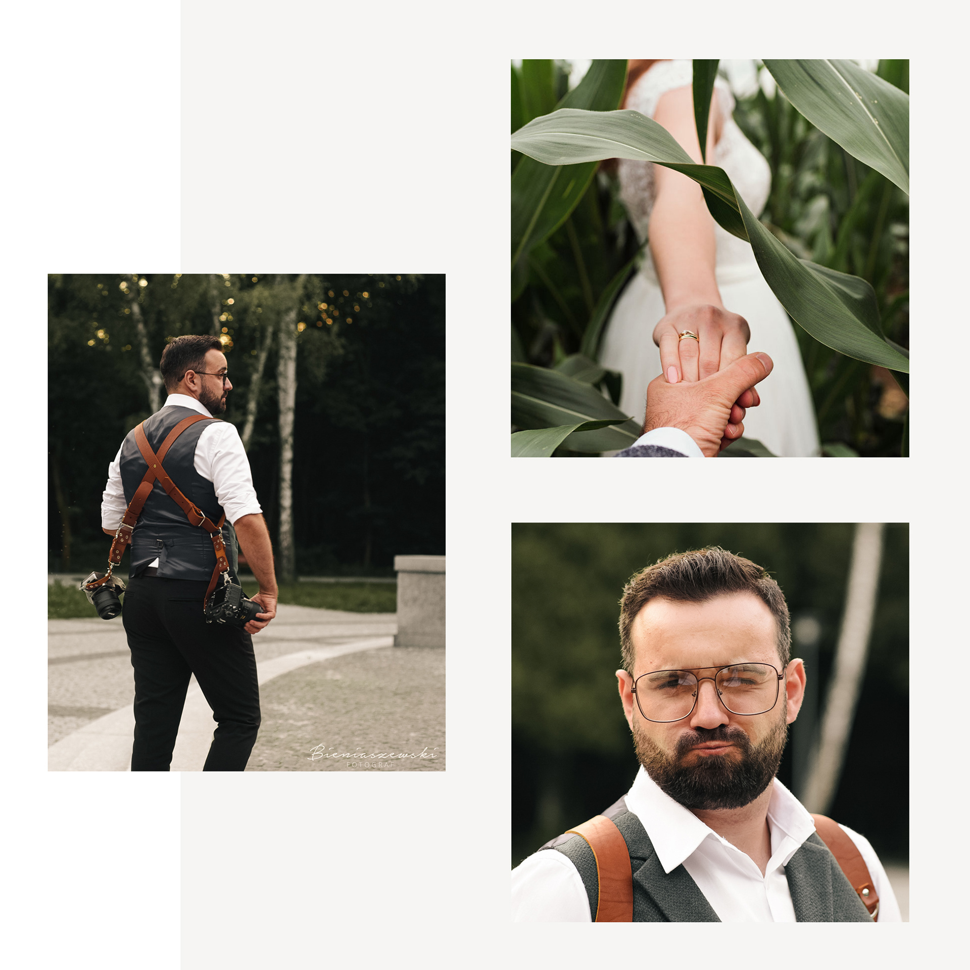Zdjęcia fotografa ślubnego, fotograf ślubny. Fotograf w parku zielona w trakcie sesji ślubnej. Fotograf ubrany w elegancki outfit i z szelkami fotograficznymi.