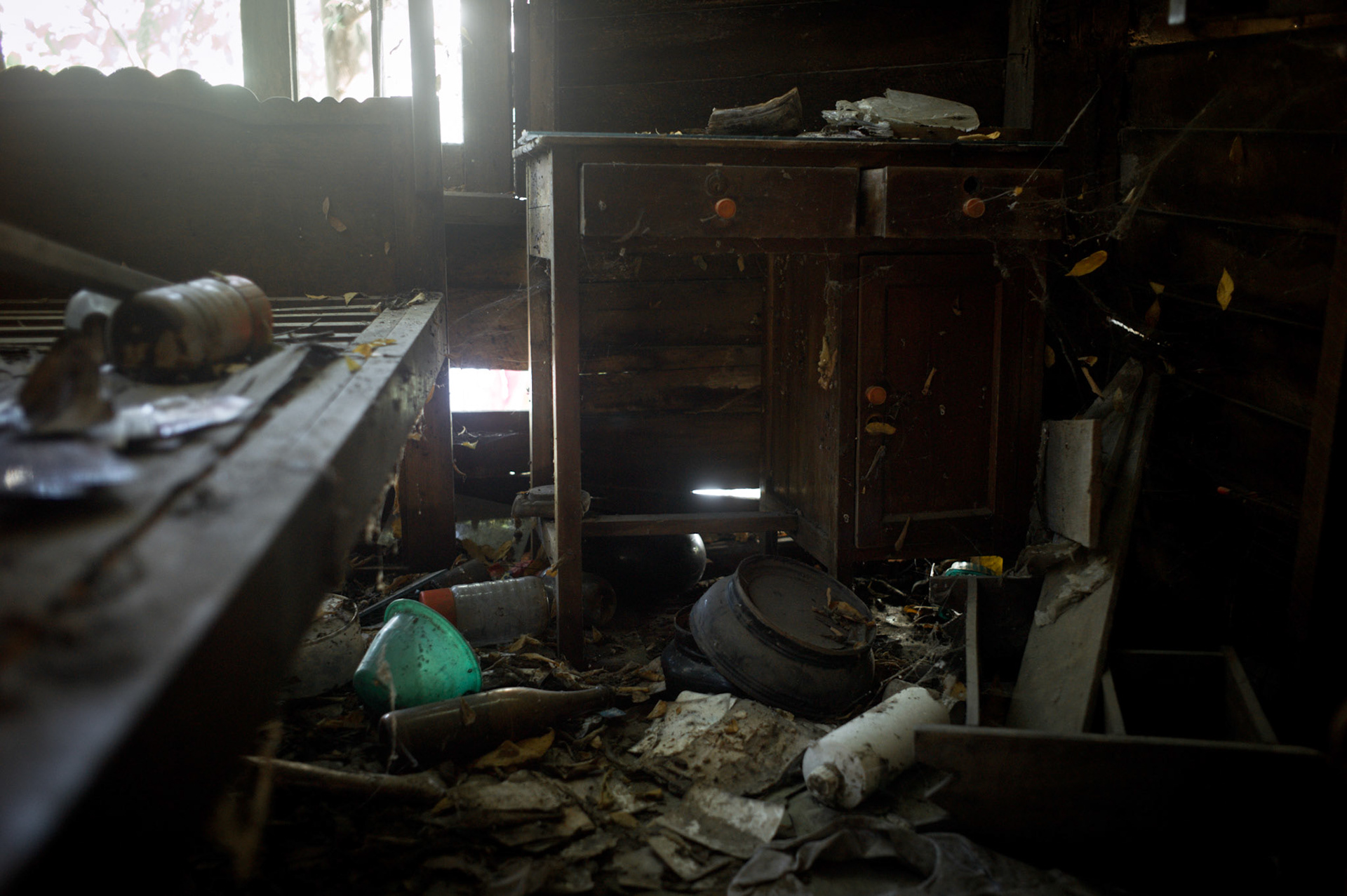 The sleeping quarters of U Eindaka, the abbot of Maggin monastery, were totally destroyed as soldiers ransacked the building. On September 26th 2007, at the height of Burma's monk led Saffron Revolution, Maggin Monastery in Rangoon, was raided as the regime commenced its brutal crackdown on the protests. On 13th January 2012 the monks were released from prison and more than four years since the monastery was raided and locked, they returned and opened the doors once more. Everything they found was exactly as it was left the night the military regime arrested them and ransacked the buildings.