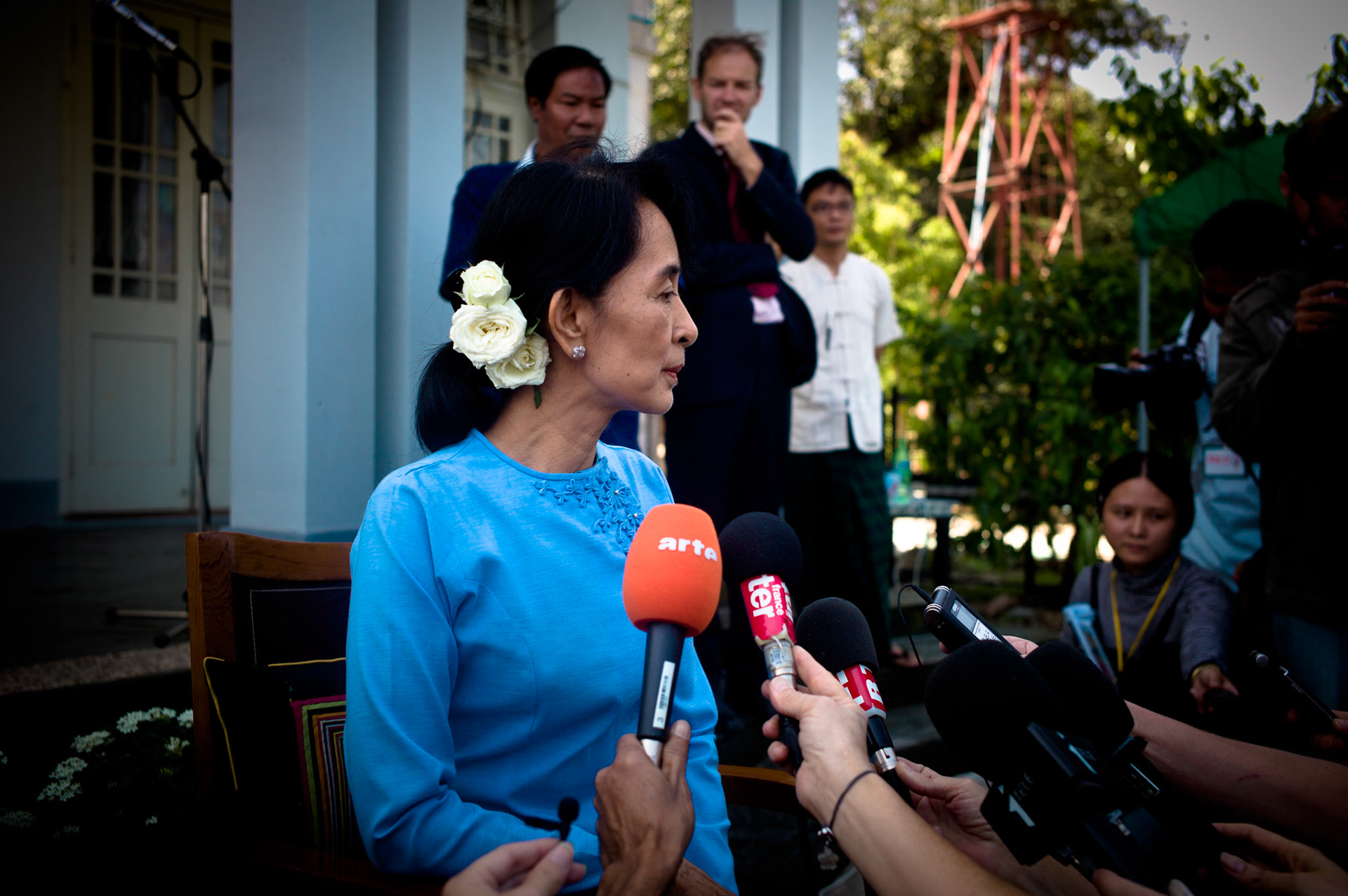 Aung San Suu Kyi takes a break from campaigning to answer questions at a press conference held at her home in Rangoon. The leader of the National League for Democracy is standing as a candidate in the forthcoming bi-elections in Burma
