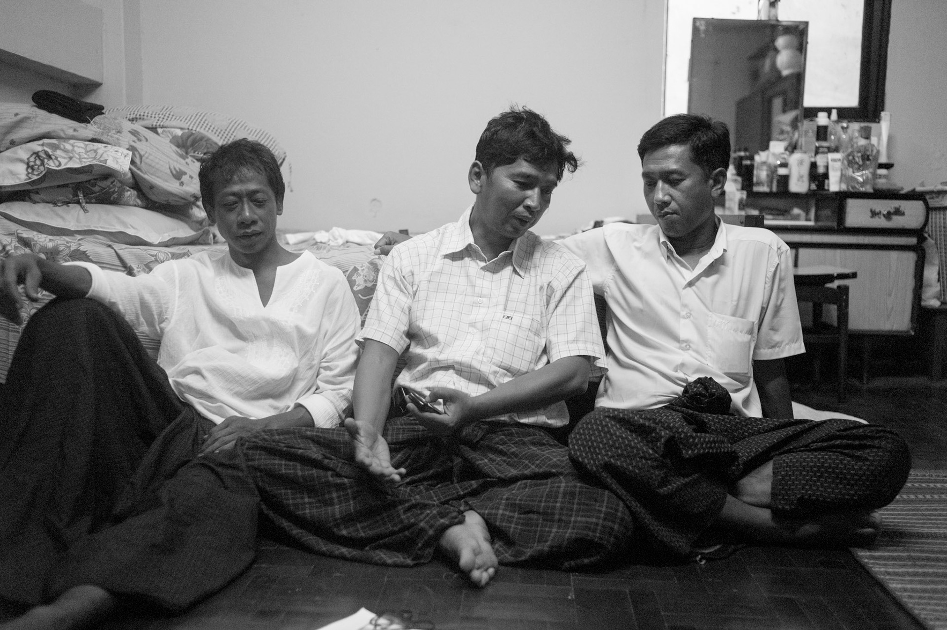 Htay Kywe, Min Ko Naing and Ko Jimmy, the leaders of Burma's 88 Generation Students at home just days after their release from prison. The three men had their 65 year sentences quashed under a presidential amnesty in January 2012. As Burma's most prominent dissidents they have paid a huge price, each spending almost twenty years in jail for their political activities in trying to bring about democracy to Burma