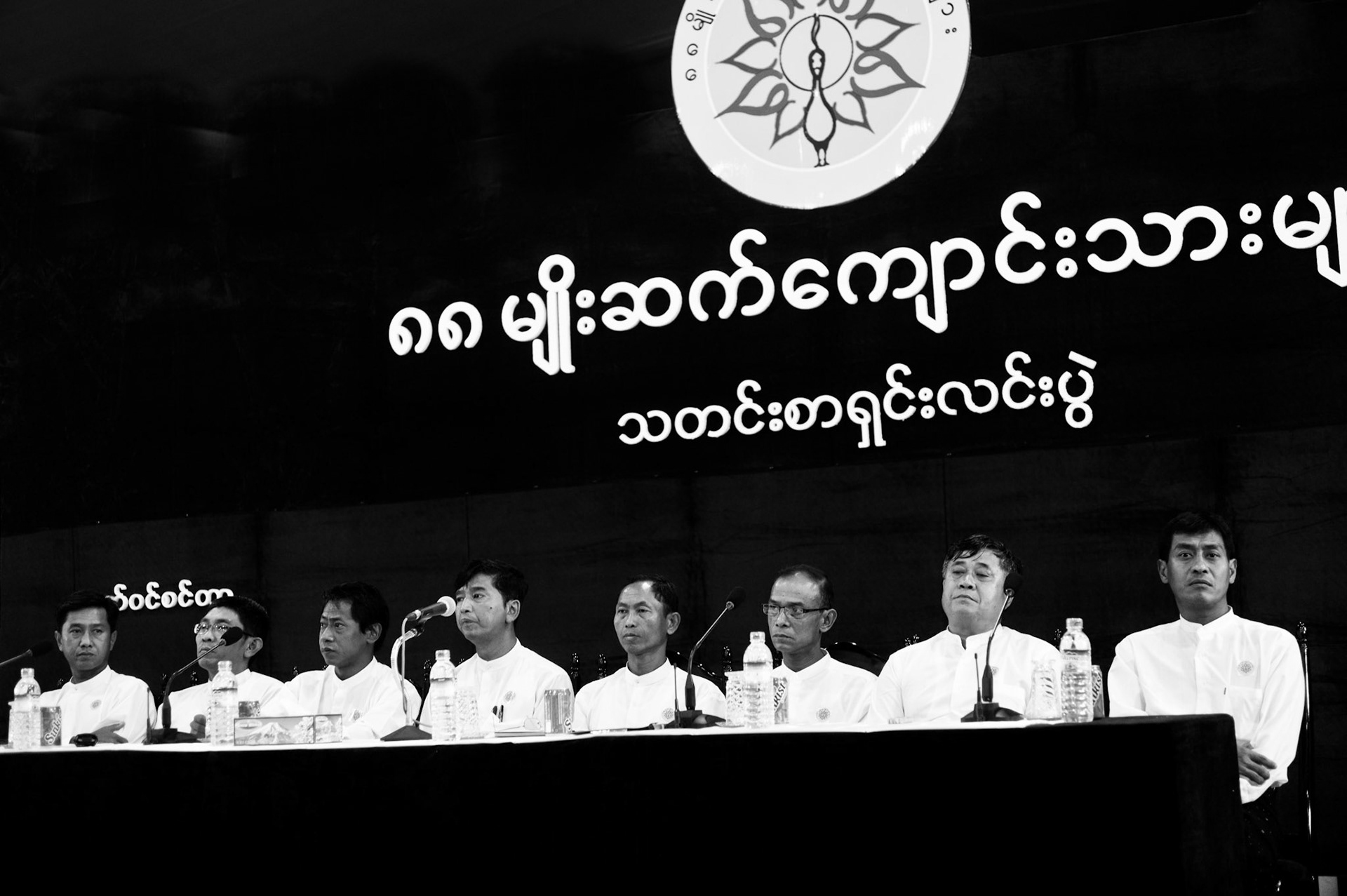 The leaders of the 88 Generation Students at their press conference in Rangoon, left to right, Jimmy, Hla Myo Naung, Htay Kywe, Min Ko Naing, Ko Ko Gyi, Mya Aye, Min Zeya and Aung Thu. More than 500 people gathered in the Taw Win centre to hear the prominent pro-democracy activists speak for the first time since their release from prison under a  presidential amnesty just one week previously
