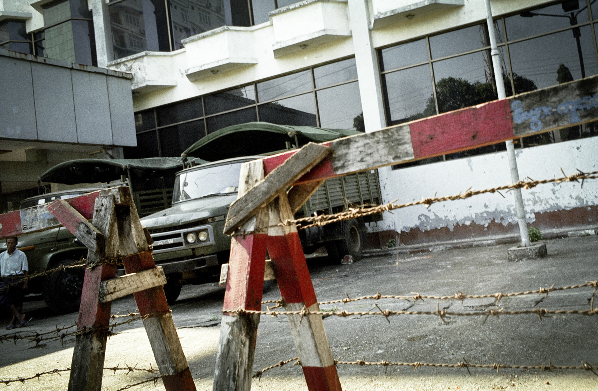 Burmese army occupy a disused convention centre as their downtown base soon after the monk led uprising in September 2007