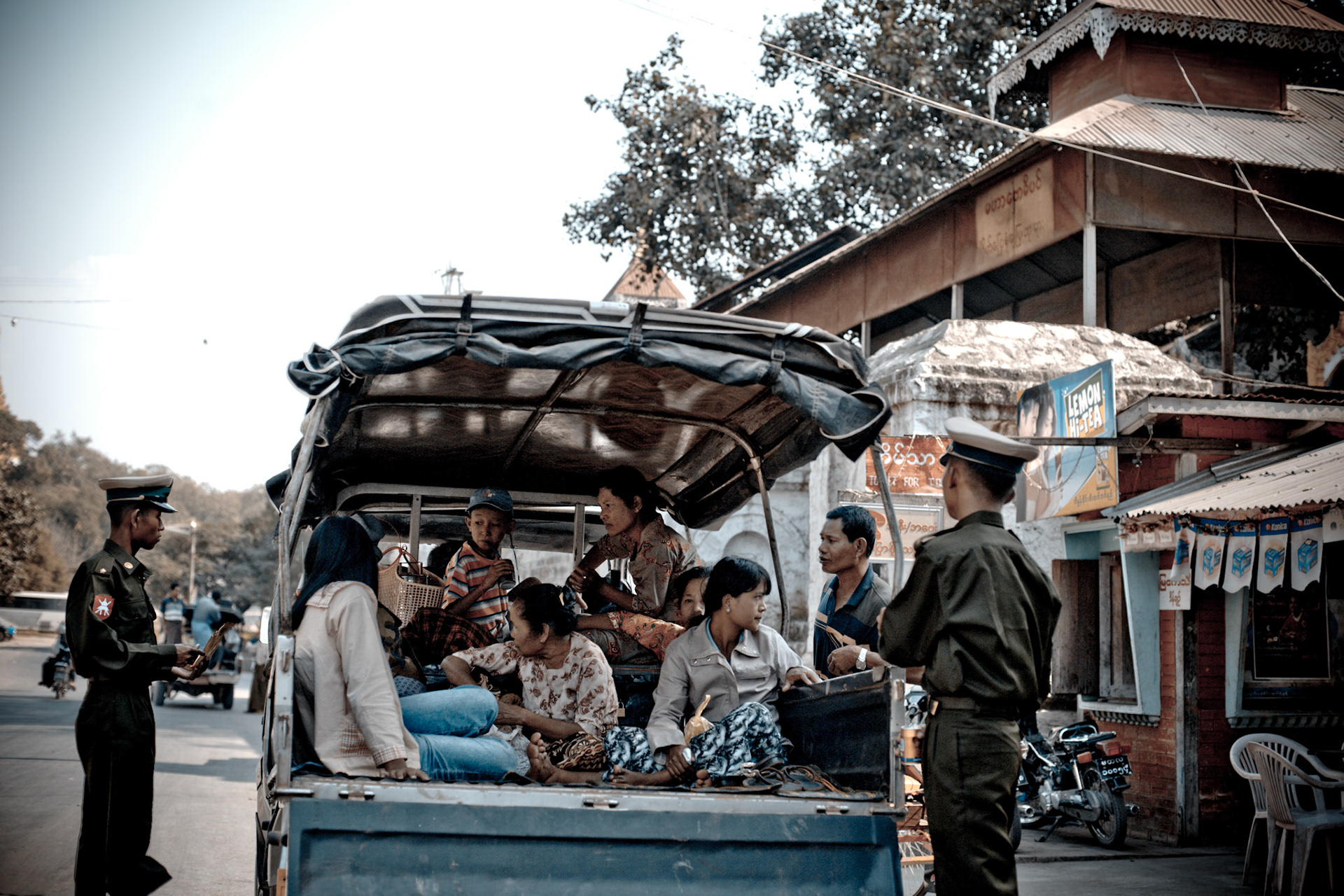 Soldiers from the Burmese army stop and search a truck in central Burma. The Burmese authorities keep a strict control on the public, allowing no form of dissent to their authoritarian rule.