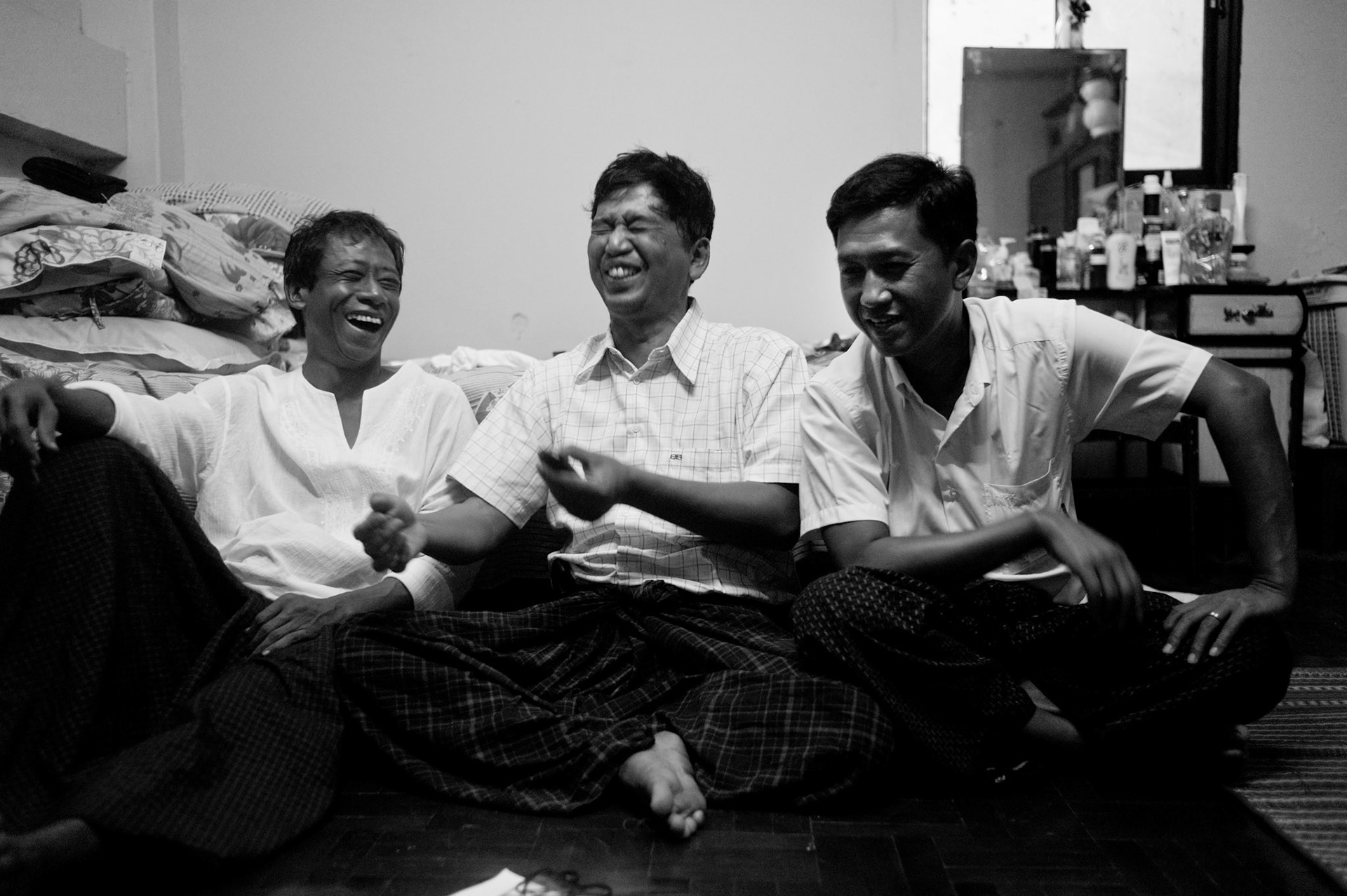 Htay Kywe, Min Ko Naing and Ko Jimmy, the leaders of Burma's 88 Generation Students at home just days after their release from prison. The three men had their 65 year sentences quashed under a presidential amnesty in January 2012. As Burma's most prominent dissidents they have paid a huge price, each spending almost twenty years in jail for their political activities in trying to bring about democracy to Burma