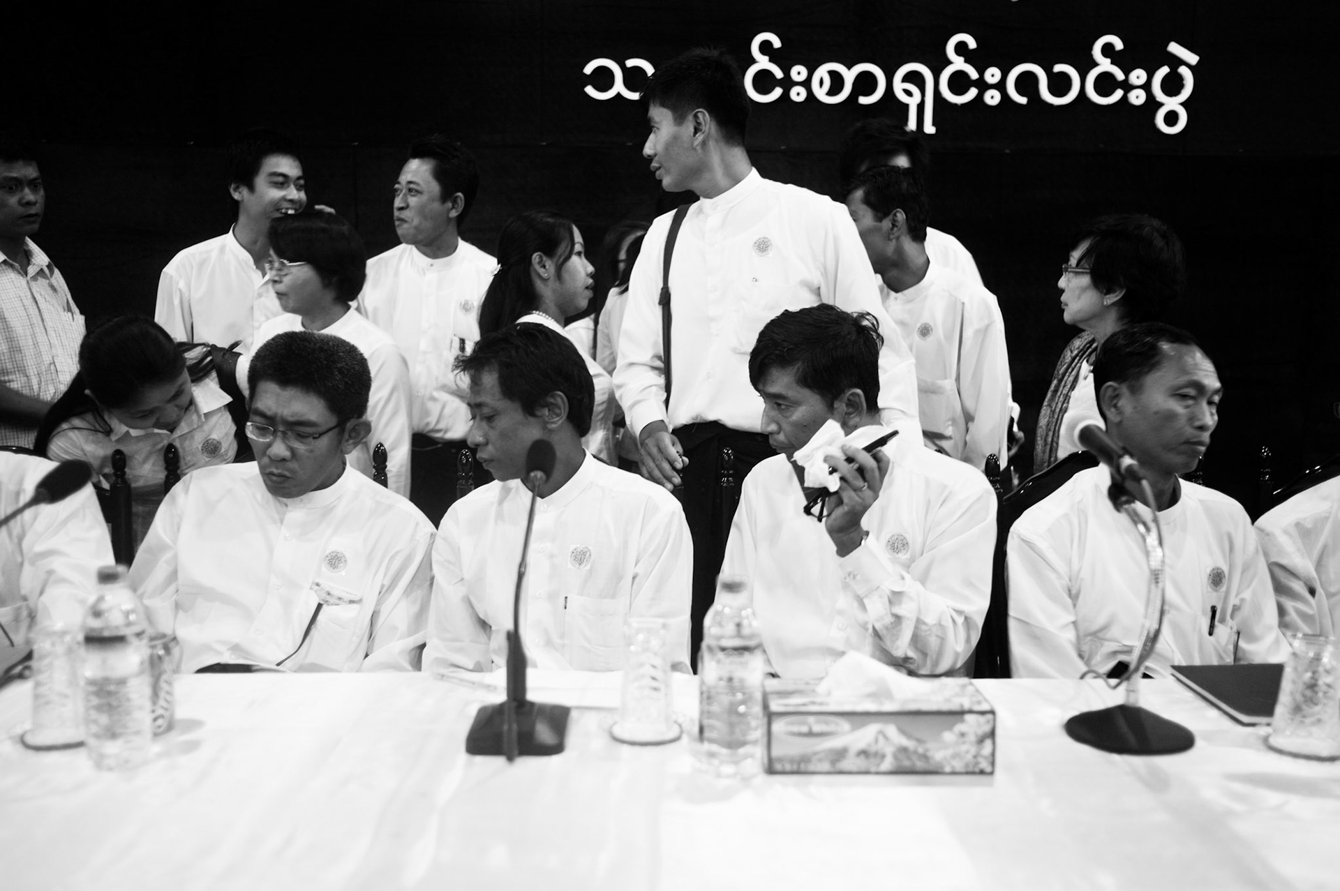 The leaders of the 88 Generation Students arrive at their press conference in Rangoon. More than 500 people gathered in the Taw Win centre to hear the prominent pro-democracy activists speak for the first time since their release from prison