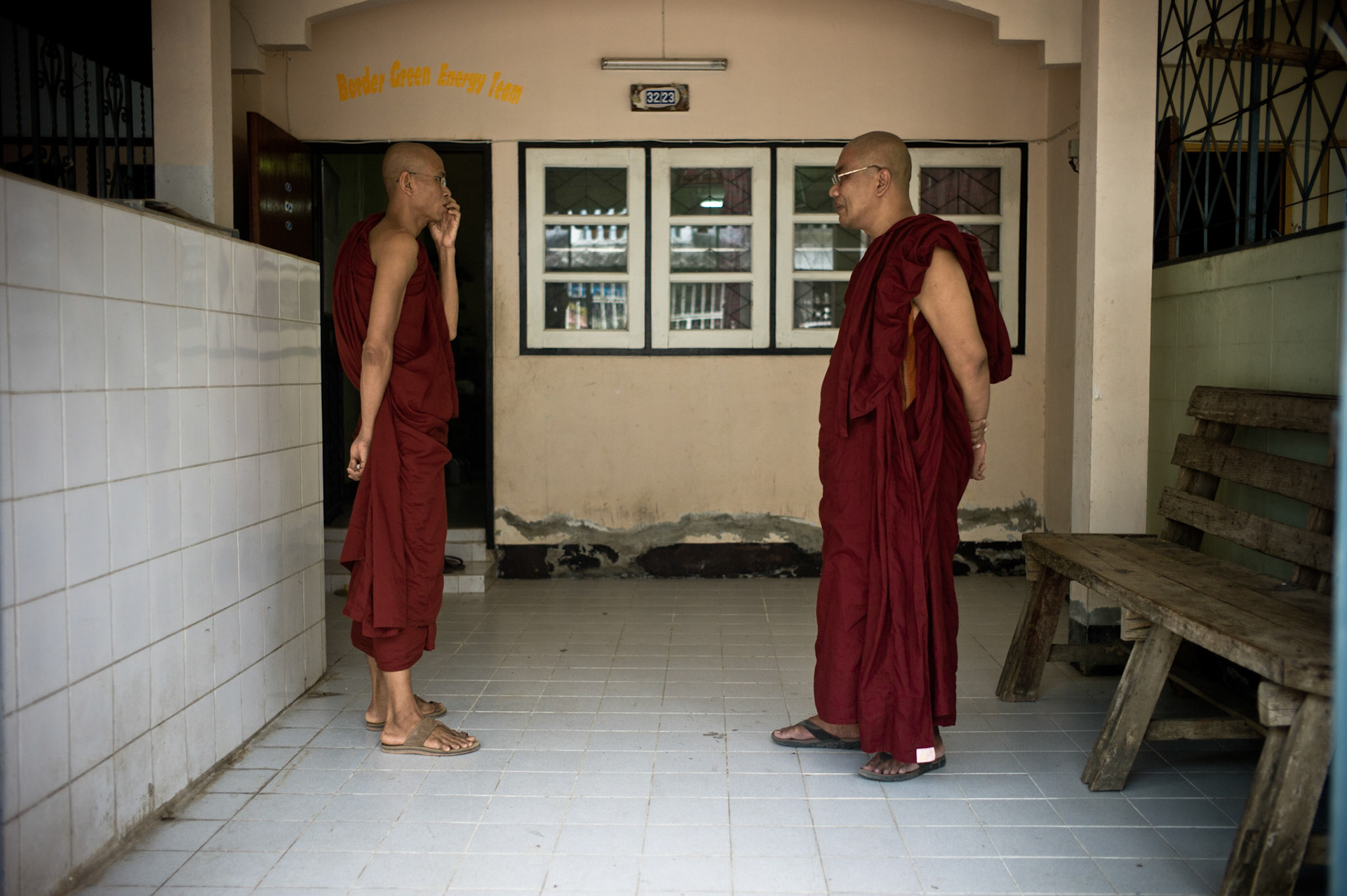 He shares the safe house with his fellow monk U Sandawbartha. He was jailed the day after U Zawana, also being sentenced to 29 years in prison. He spent most of his 16 years in prison with his colleague U Zawana and they fled Rangoon together to the relative safety of the Thai-Burma border.