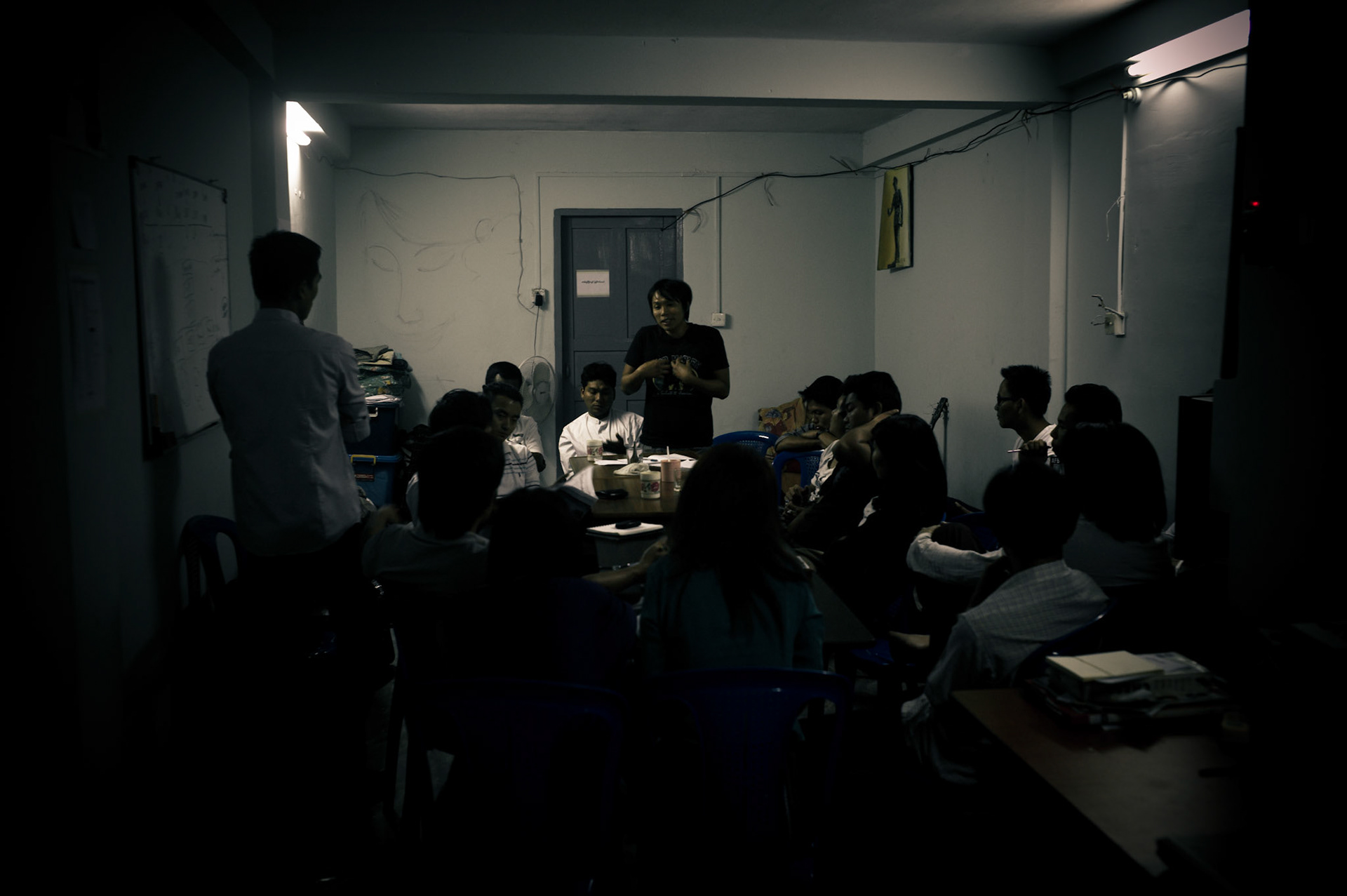 Members of Generation Wave meet at their secret office in Rangoon. Founded in the aftermath of the 'Saffron Revolution' in 2007, Generation Wave is an organisation of young social and political activists in Burma. Working closely with other politically active groups they are striving to promote democracy and human rights and have carried out a number of high profile campaigns, in particular calling for the release of all political prisoners. Until January 2012 there were 21 members of the organisation who were jailed for their political activities.