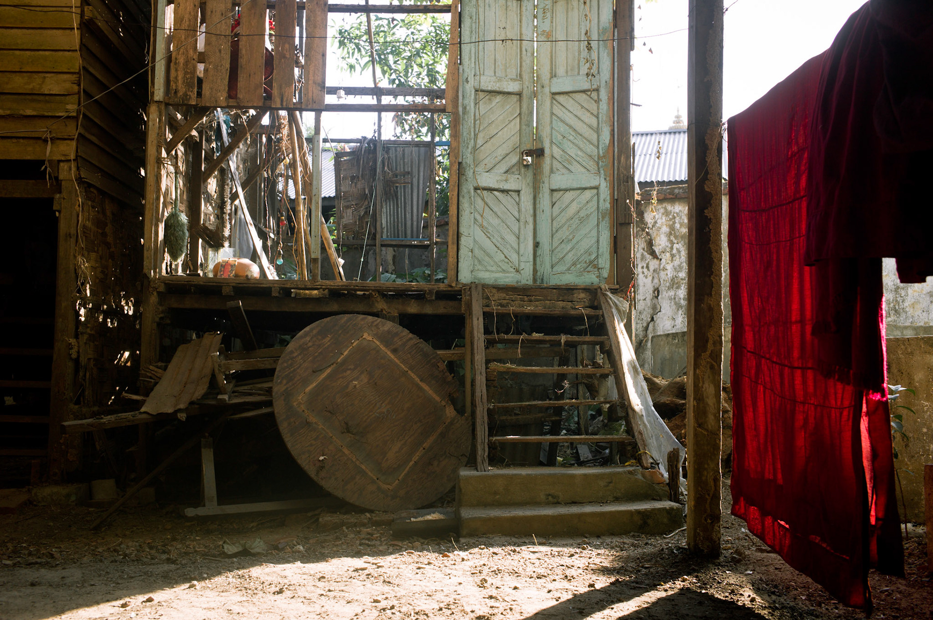 All of the buildings were padlocked shut. Many were almost completely destroyed by the soldiers. On September 26th 2007, at the height of Burma's monk led Saffron Revolution, Maggin Monastery in Rangoon, was raided as the regime commenced its brutal crackdown on the protests. On 13th January 2012 the monks were released from prison and more than four years since the monastery was raided and locked, they returned and opened the doors once more. Everything they found was exactly as it was left the night the military regime arrested them and ransacked the buildings.