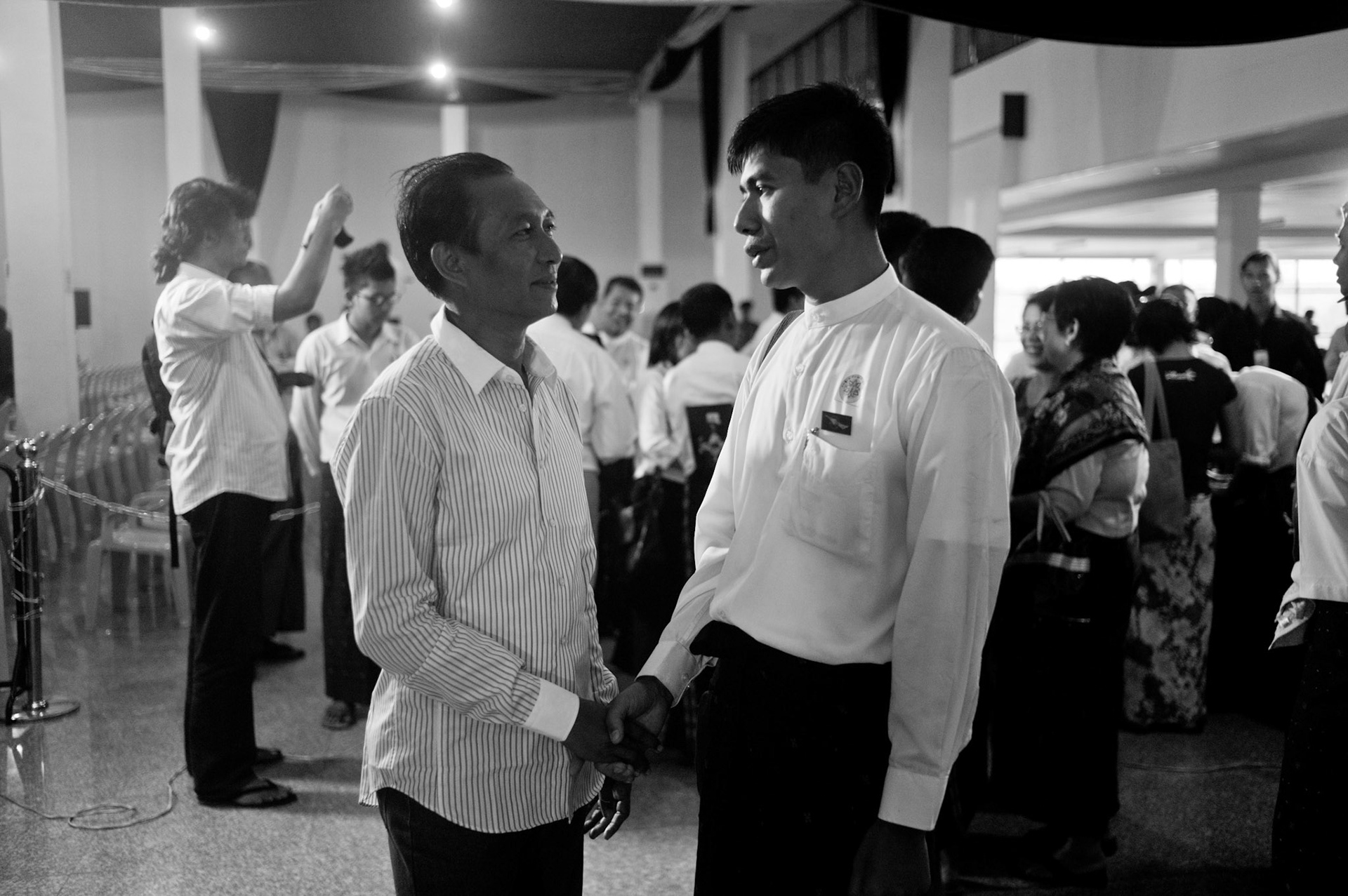 Aung Naing, leading member of the 88 Generations Students meets with DVB video journalist Win Maw at the press conference being held in Rangoon. Both men were released form long prison sentences under the recent presidential amnesty