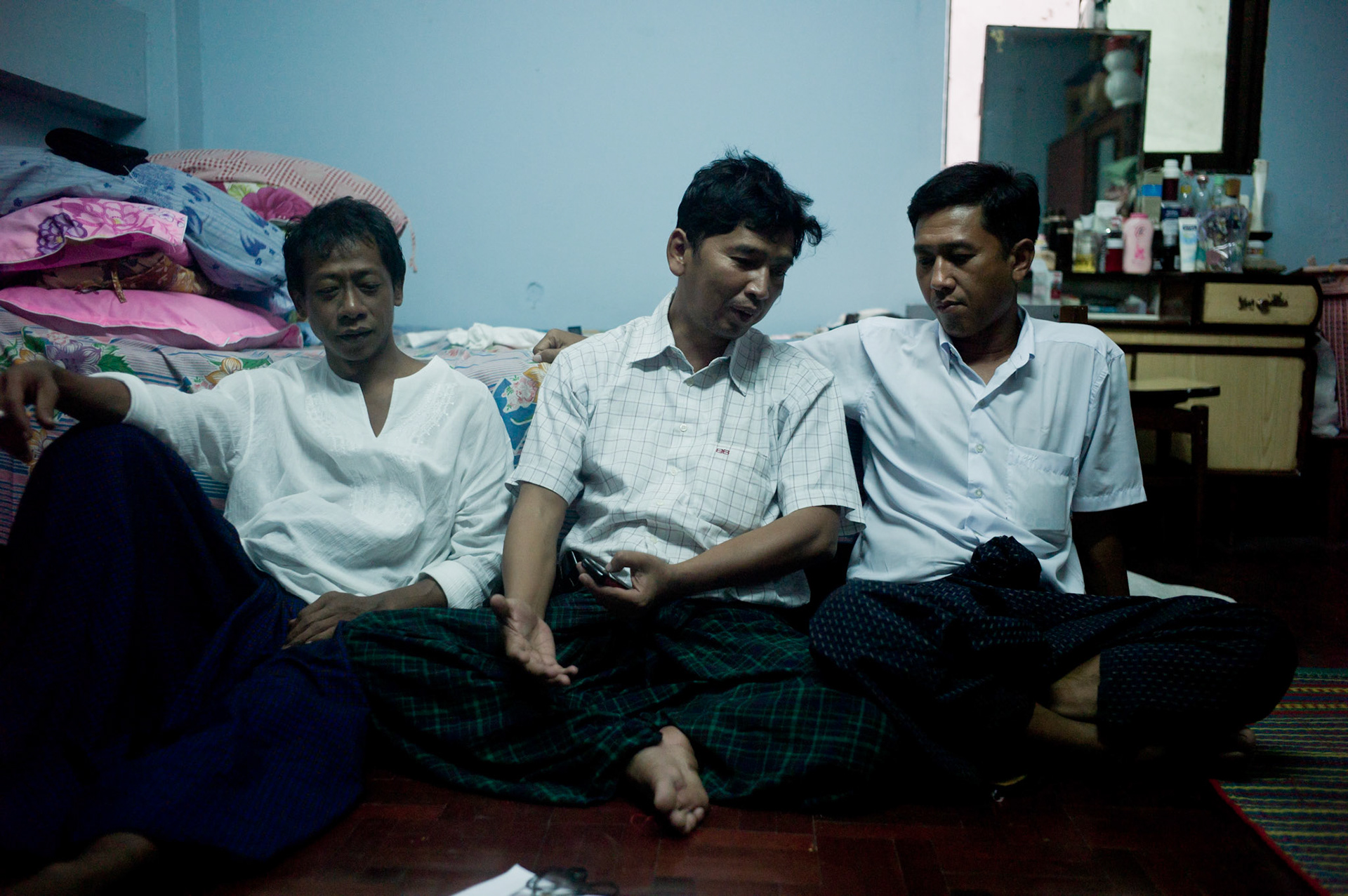 Htay Kywe, Min Ko Naing and Ko Jimmy, the leaders of Burma's 88 Generation Students at home just days after their release from prison. The three men had their 65 year sentences quashed under a presidential amnesty in January 2012. As Burma's most prominent dissidents they have paid a huge price, each spending almost twenty years in jail for their political activities in trying to bring about democracy to Burma