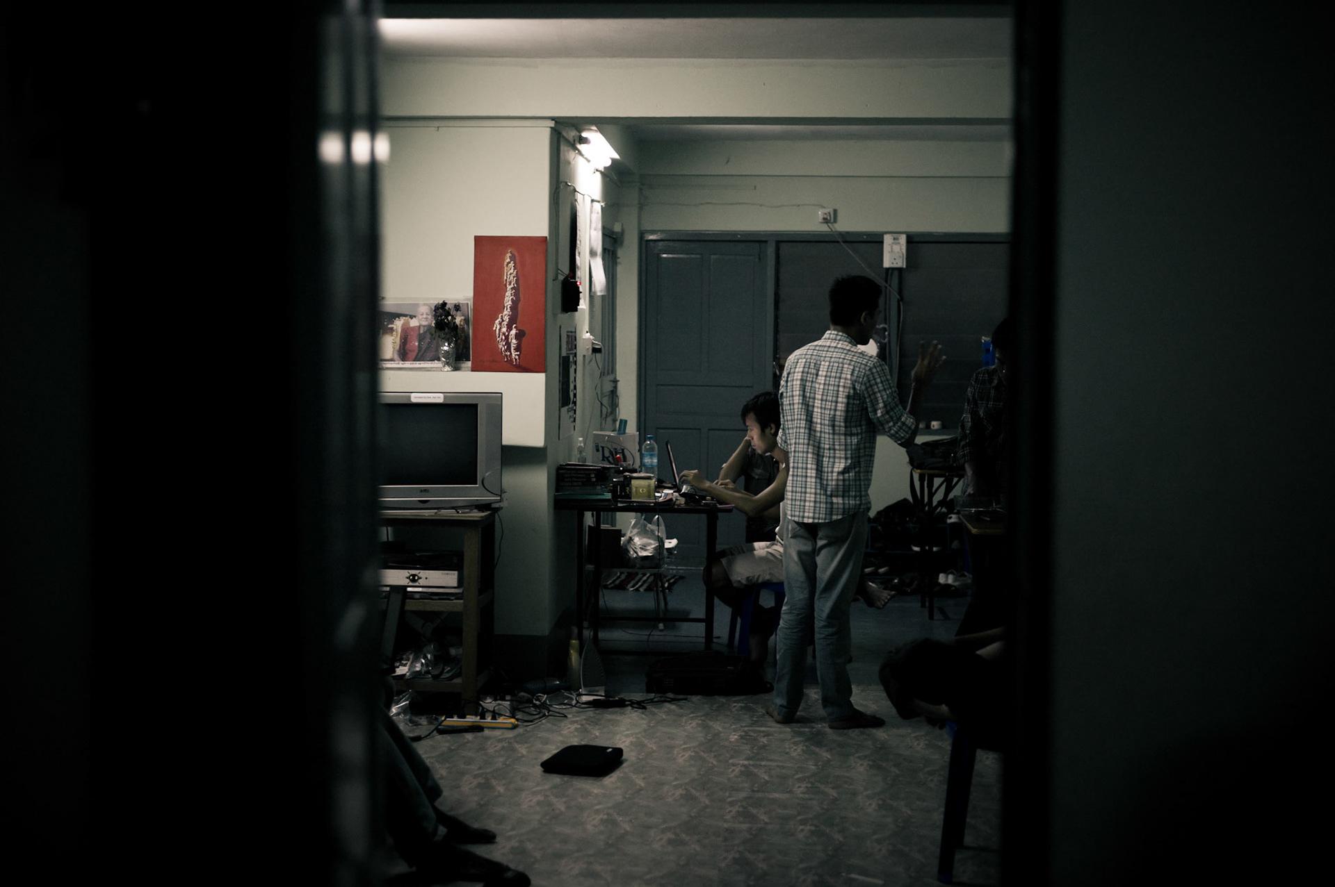 Members of Generation Wave meet at their secret office in Rangoon. Founded in the aftermath of the 'Saffron Revolution' in 2007, Generation Wave is an organisation of young social and political activists in Burma. Working closely with other politically active groups they are striving to promote democracy and human rights and have carried out a number of high profile campaigns, in particular calling for the release of all political prisoners. Until January 2012 there were 21 members of the organisation who were jailed for their political activities.