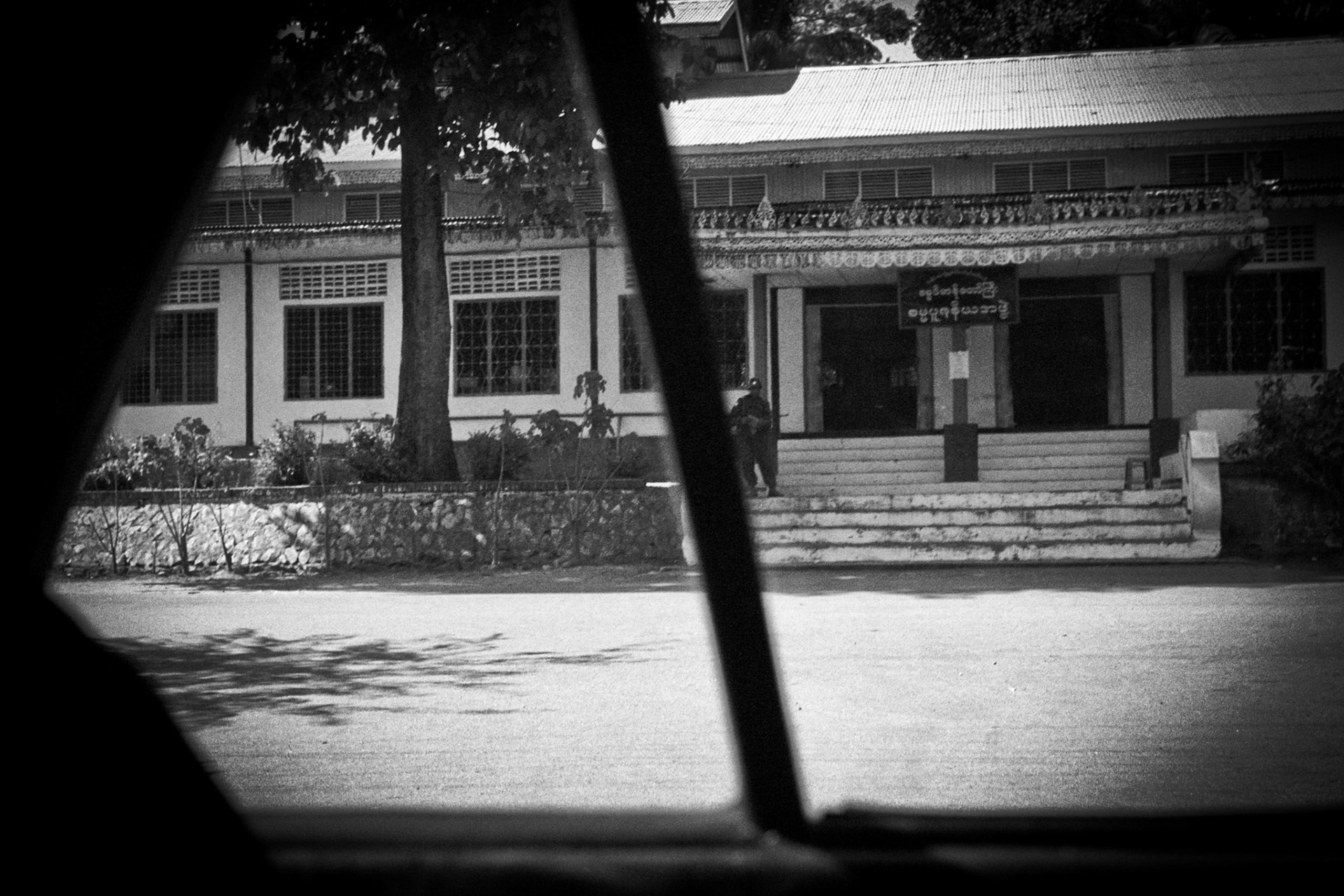 Soldiers on patrol at a monasttic education centre in Thingyanyun township, Rangoon. Monasteries were taken over by the authorities in ther search for democracy activists.