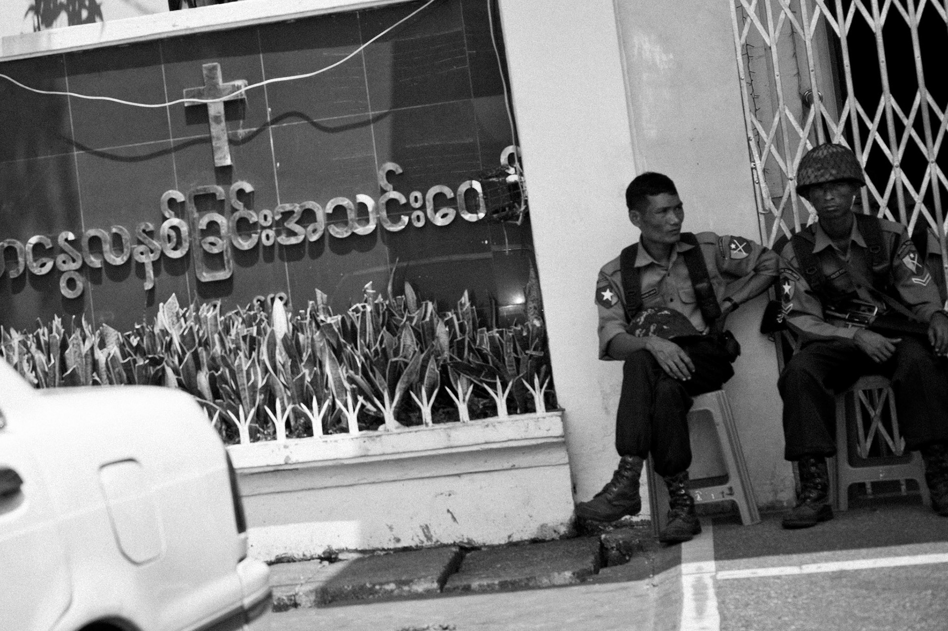 Riot police on duty in downtown Rangoon