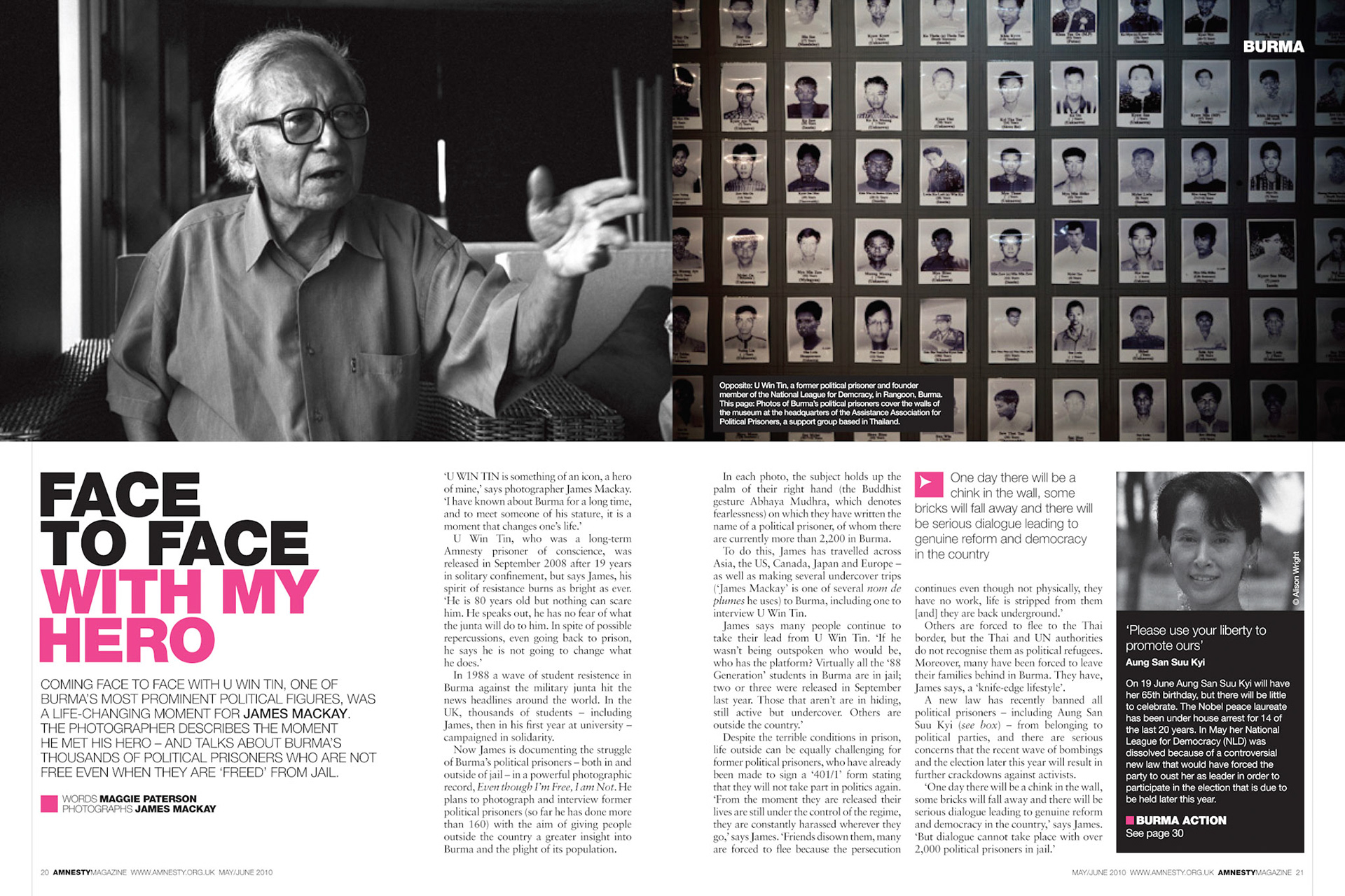 Front cover and feature article about the documentary project "Even Though I'm Free I Am Not" about Burma's political prisoners in Amnesty International UK magazine May 2010