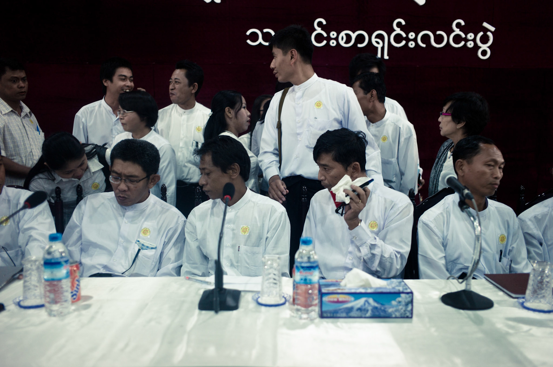 The leaders of the 88 Generation Students arrive at their press conference in Rangoon. More than 500 people gathered in the Taw Win centre to hear the prominent pro-democracy activists speak for the first time since their release from prison