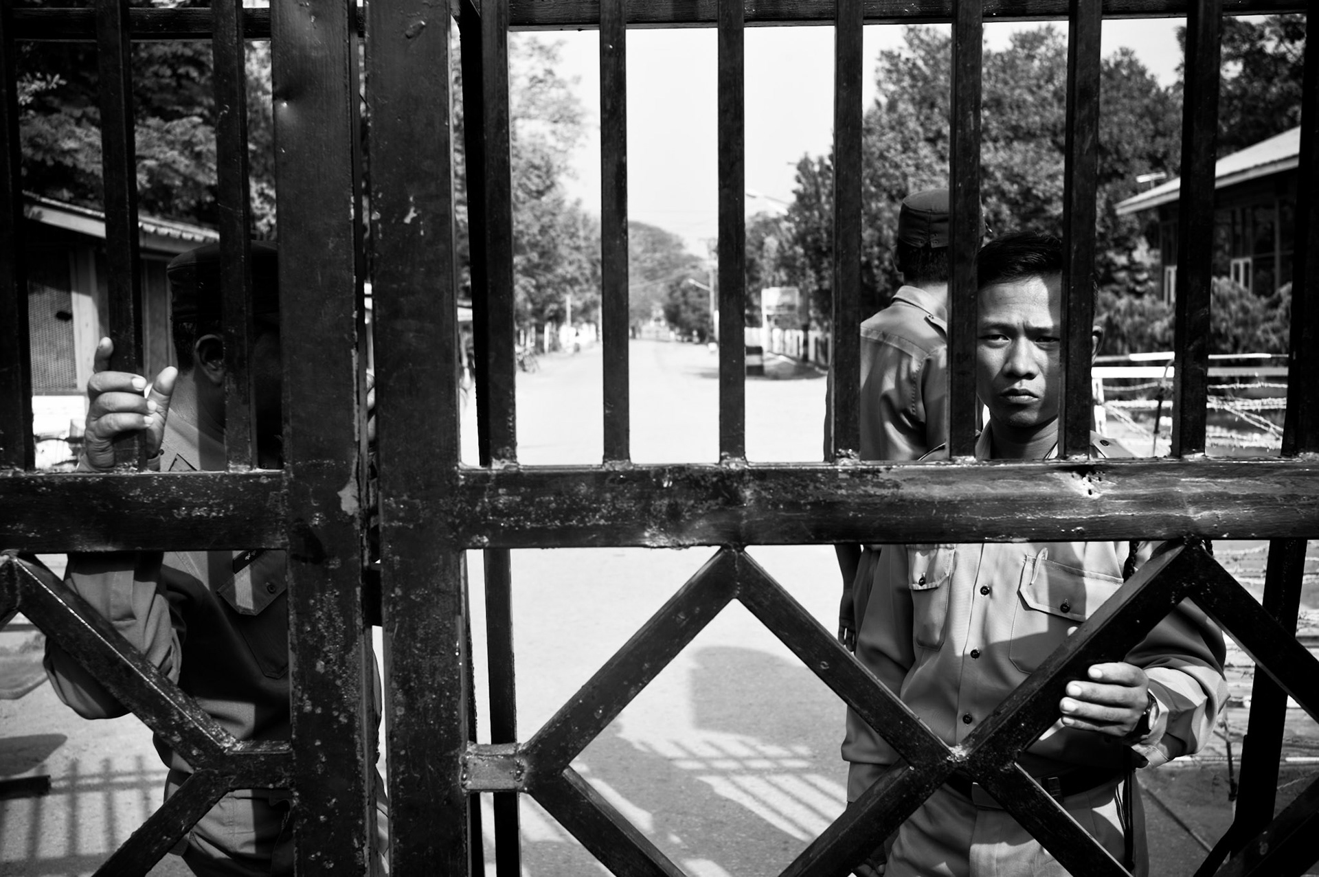 Prison guards man the main gates to Insein, Burma's most notorious prison