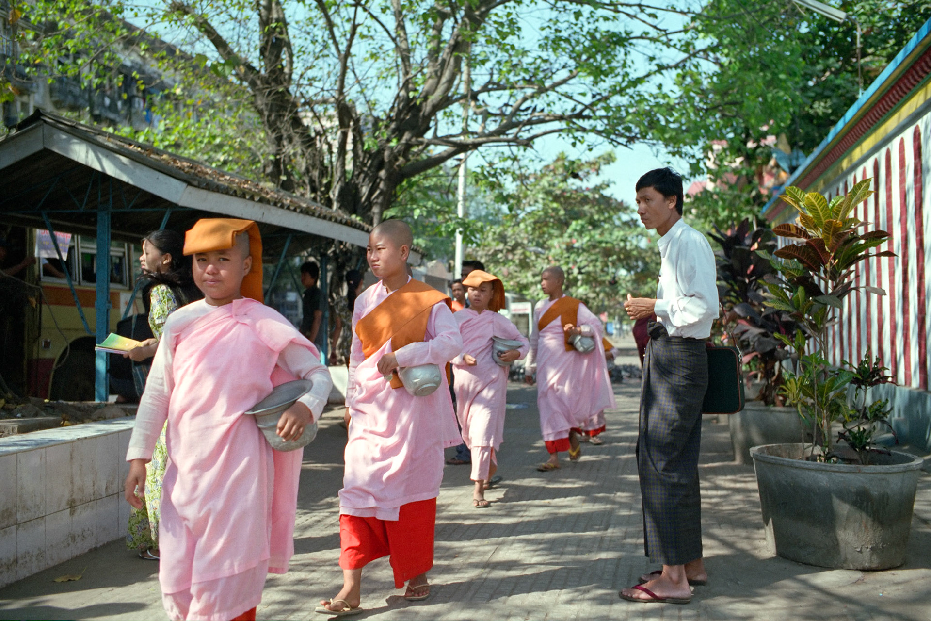 Young novice nuns walk through the streets of downtown Rangoon early in the morning collecting their alms. Buddhism plays a vital role in Burmese culture and society.