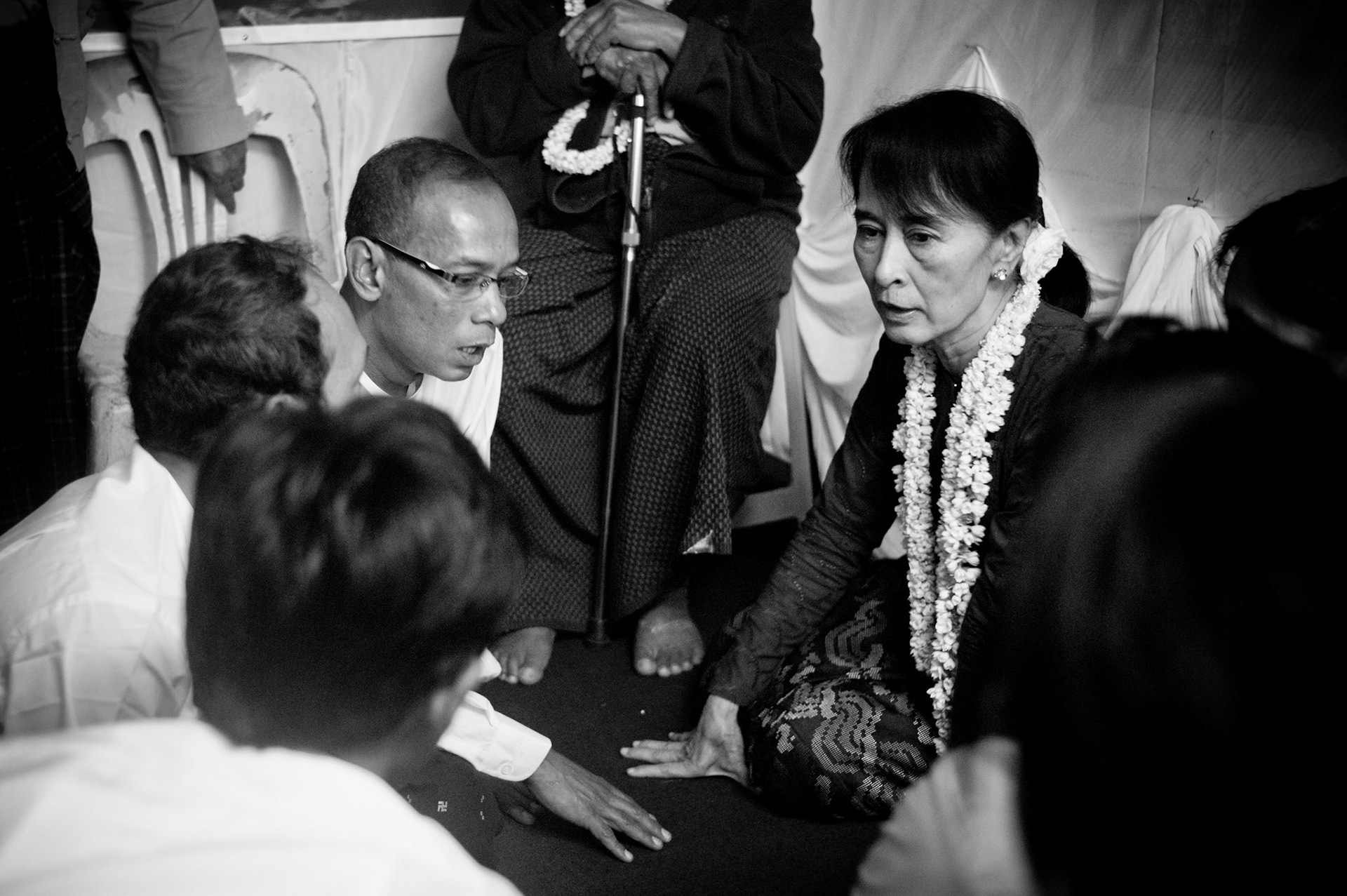 Aung San Suu Kyi meets leaders of the 88 Generation Students, Mya Aye, Pyone Cho and Soe Tun who were all released from long prison sentences under a general amnesty just three days ago