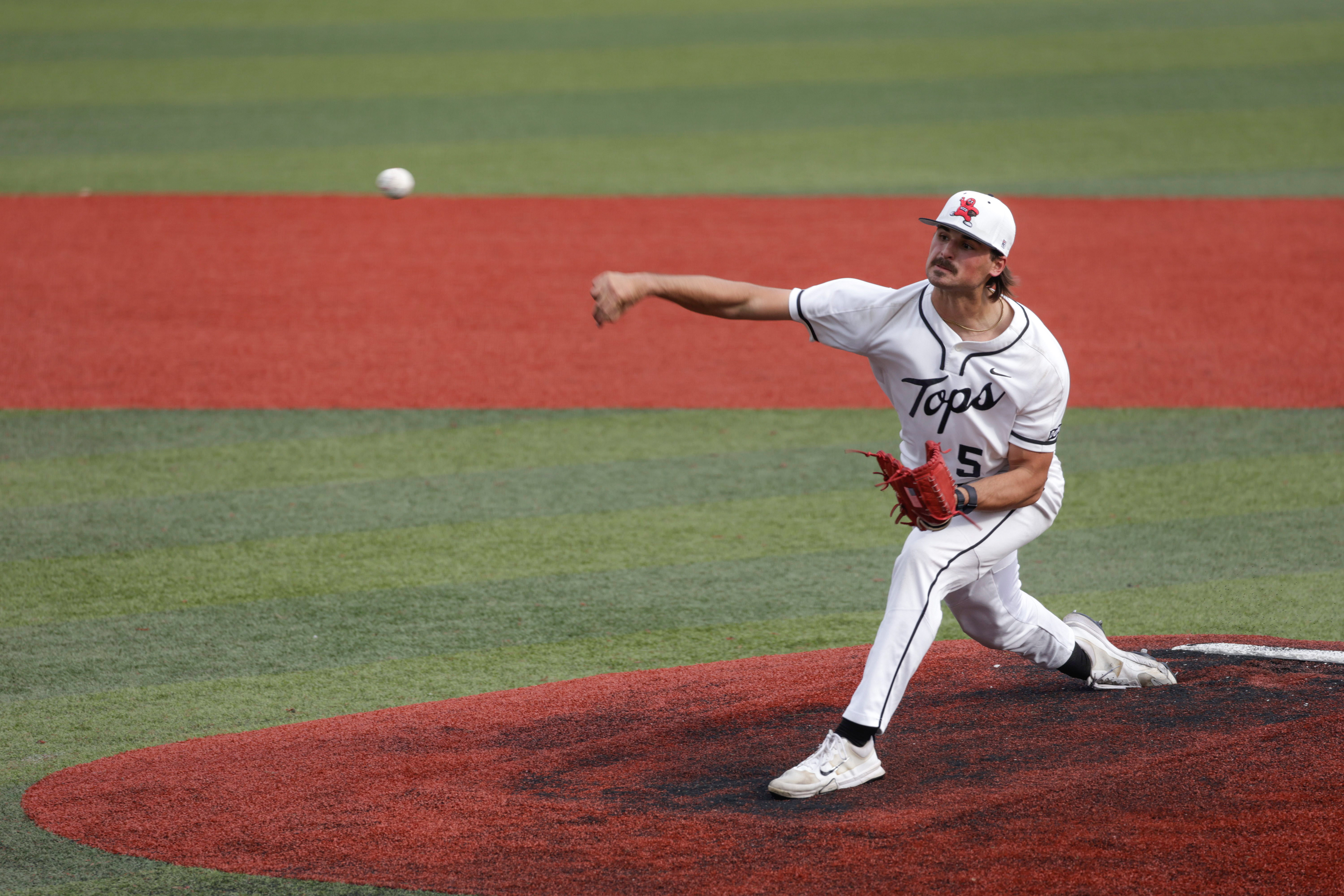 WKU right-handed pitcher Jack Bennett (5) throws a pitch against the Sam Huston Bearkats on March 28 at Nick Denes Field. WKU beat Sam Huston 6-0, and Bennet threw six strikeouts during the game.