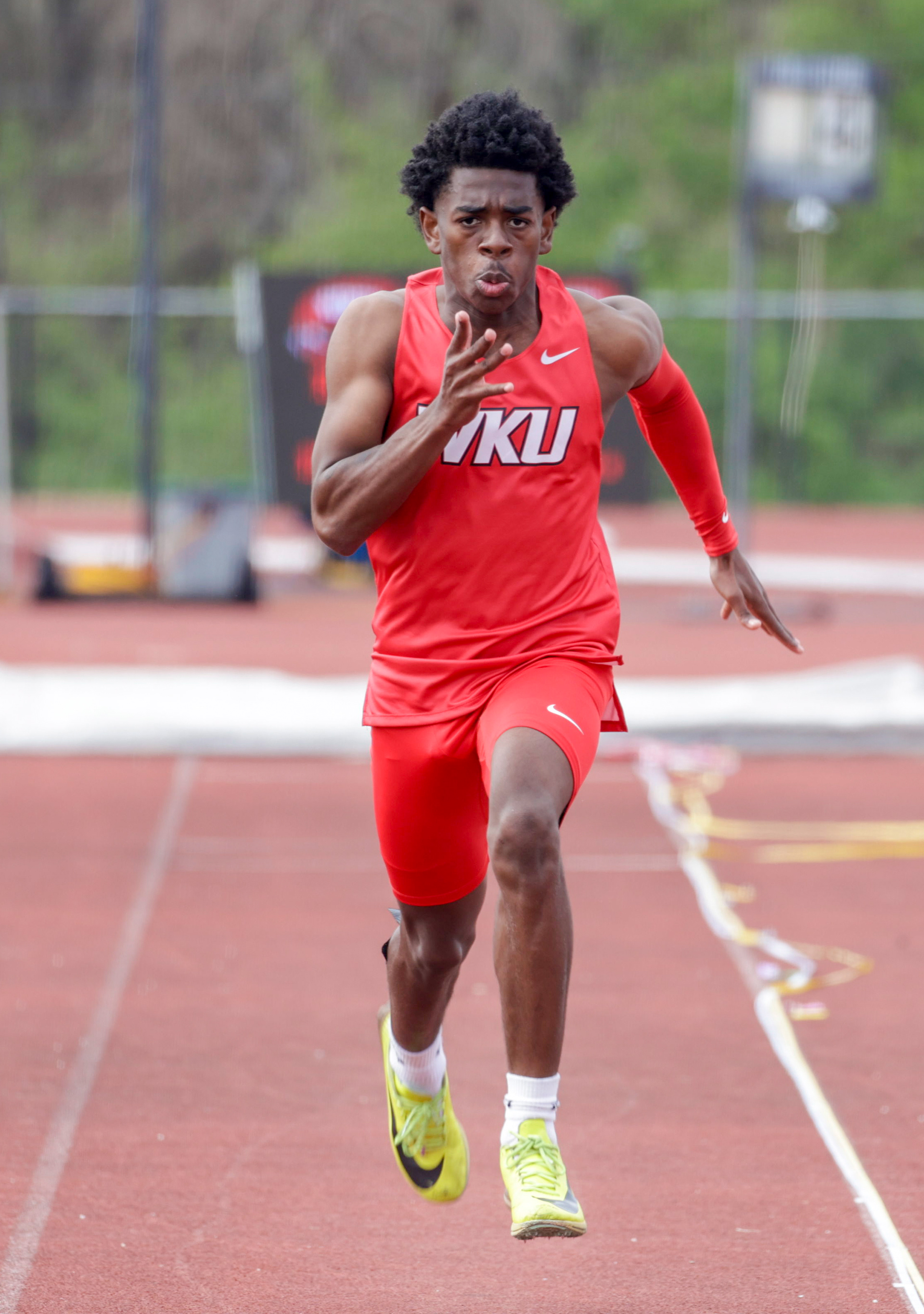 WKU frehsman JonJon Hunter competes in men’s long jump at the Brent Chumbley Memorial Relays at Charles Ruter Track & Field Complex on March 29, 2025.