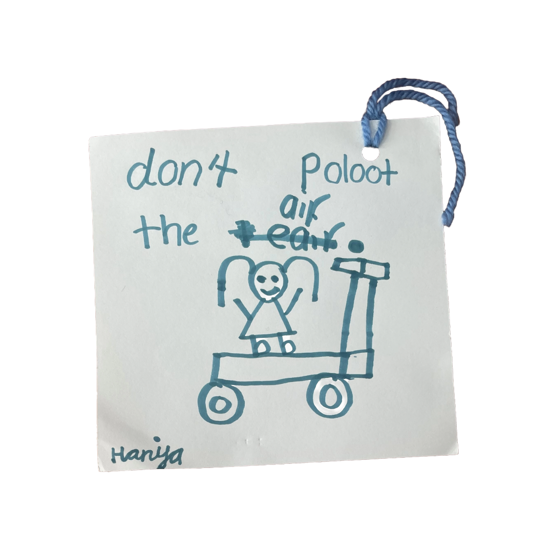 don't poloot the air. Includes a drawing of a young girl on a scooter.