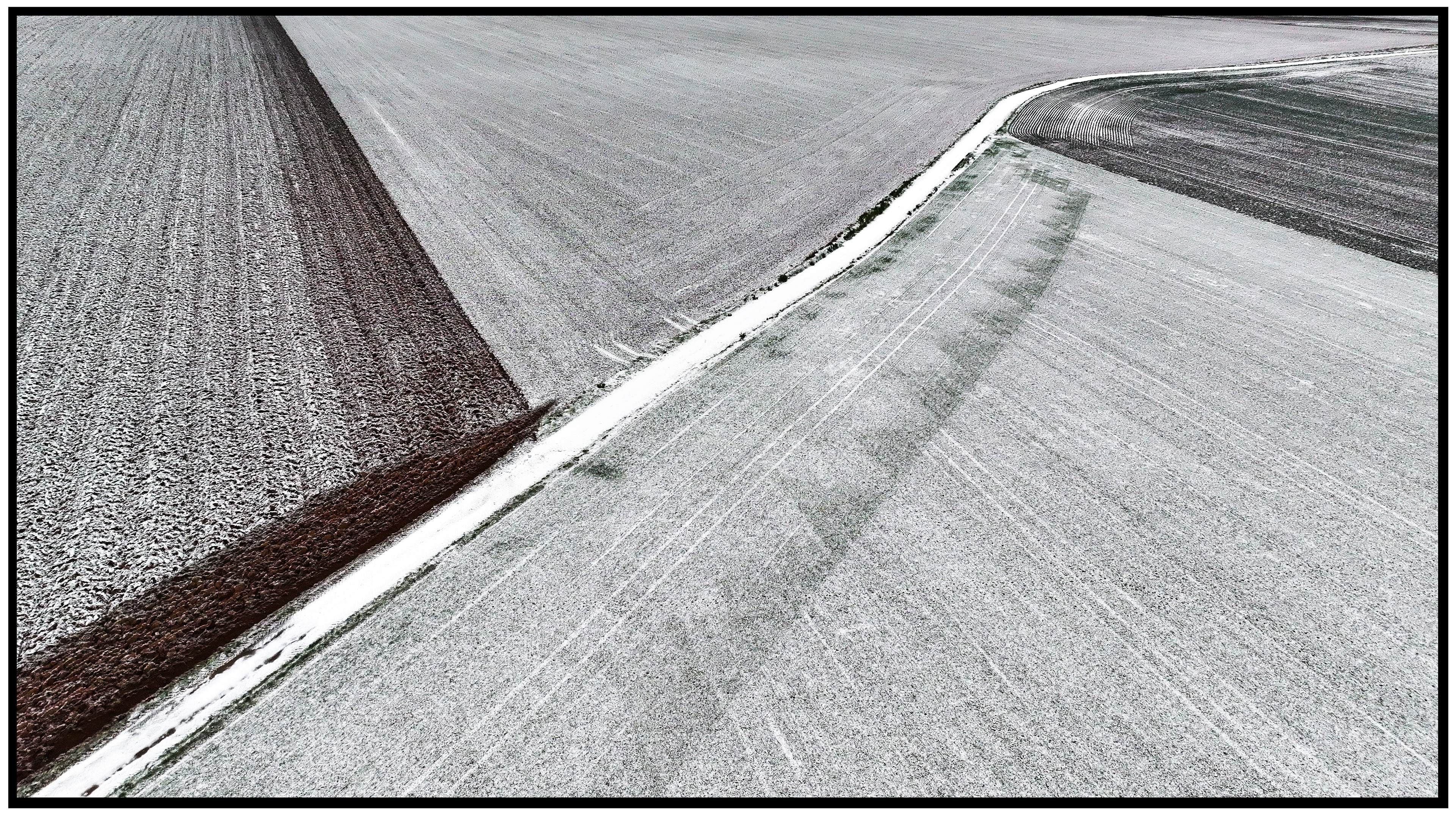 Chemins sinueux en noir et blanc longeant les champs, témoins du parcours agricole dans les vastes paysages de Haute-Saône.