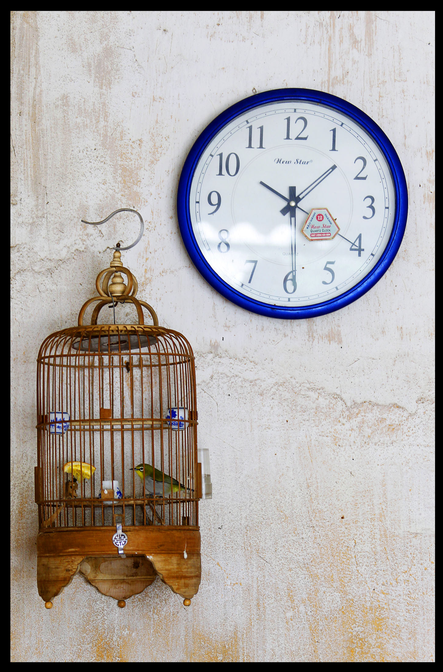 Porcelaine bleue typique du Vietnam, avec un oiseau en cage et une horloge, symbolisant la culture et le passage du temps.