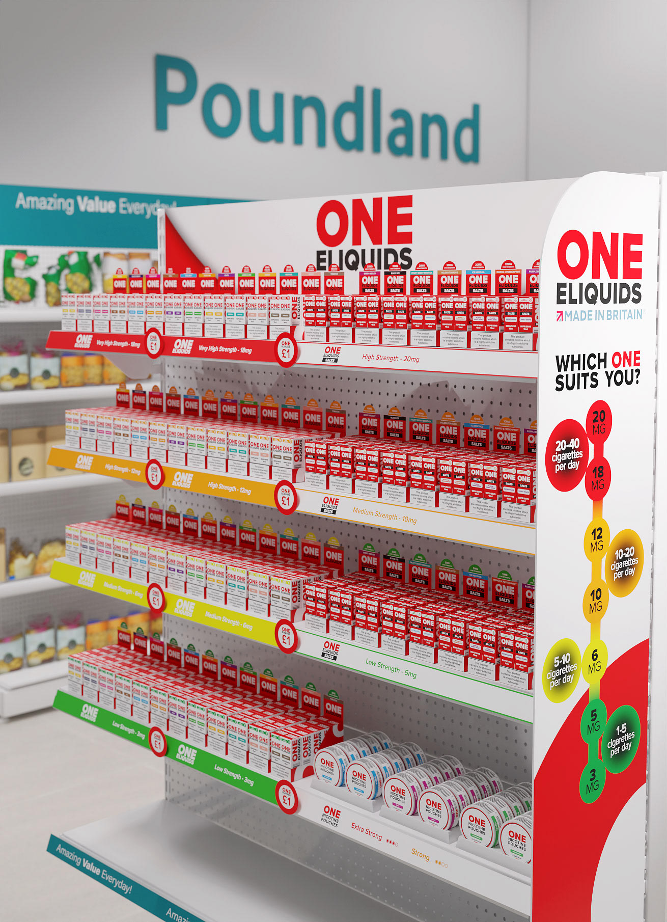 ONE Elqiuids shelving display for Poundland