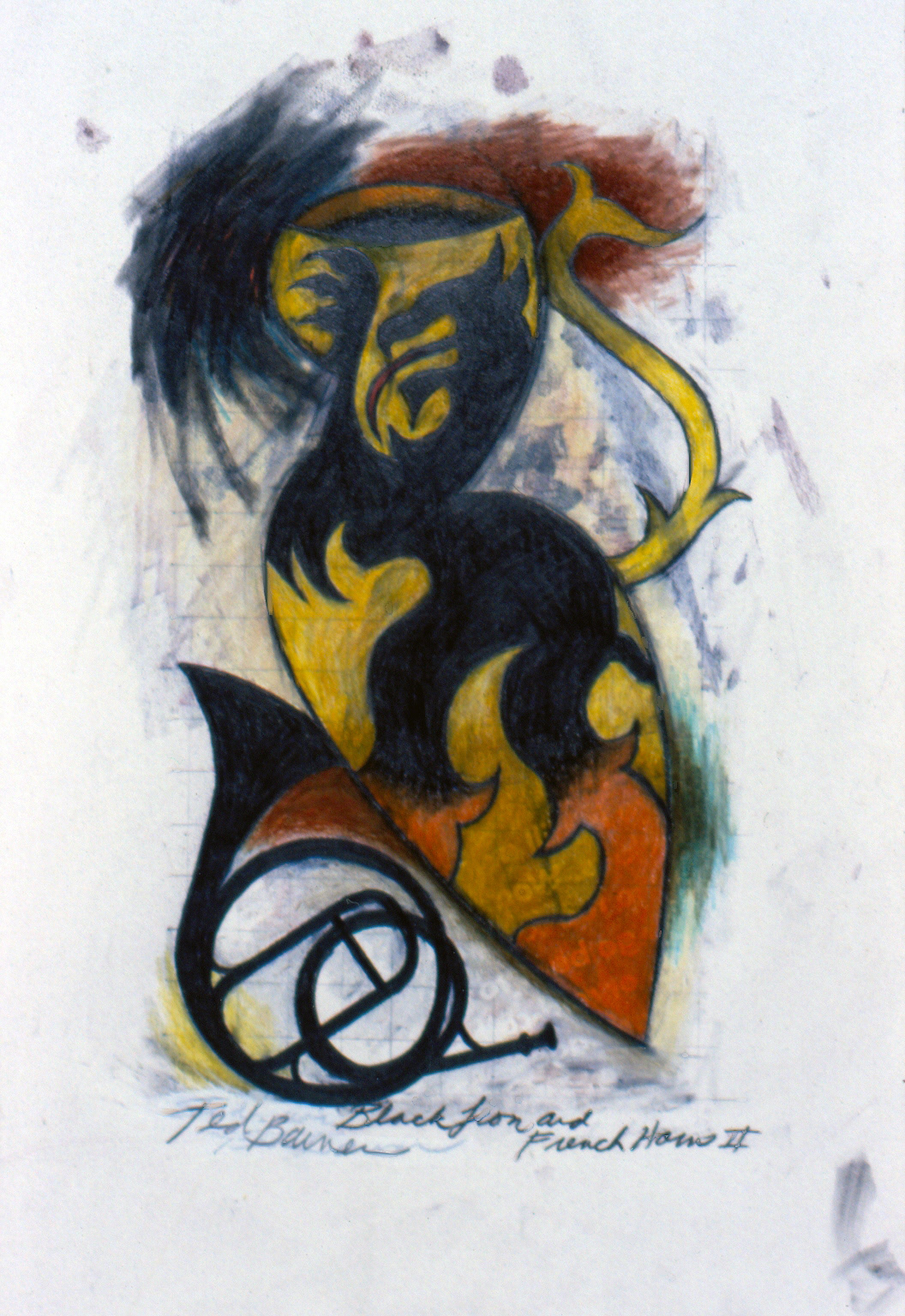 Black Lion and French Horn II, 15” x11,” Mixed Media on Paper, 1991 