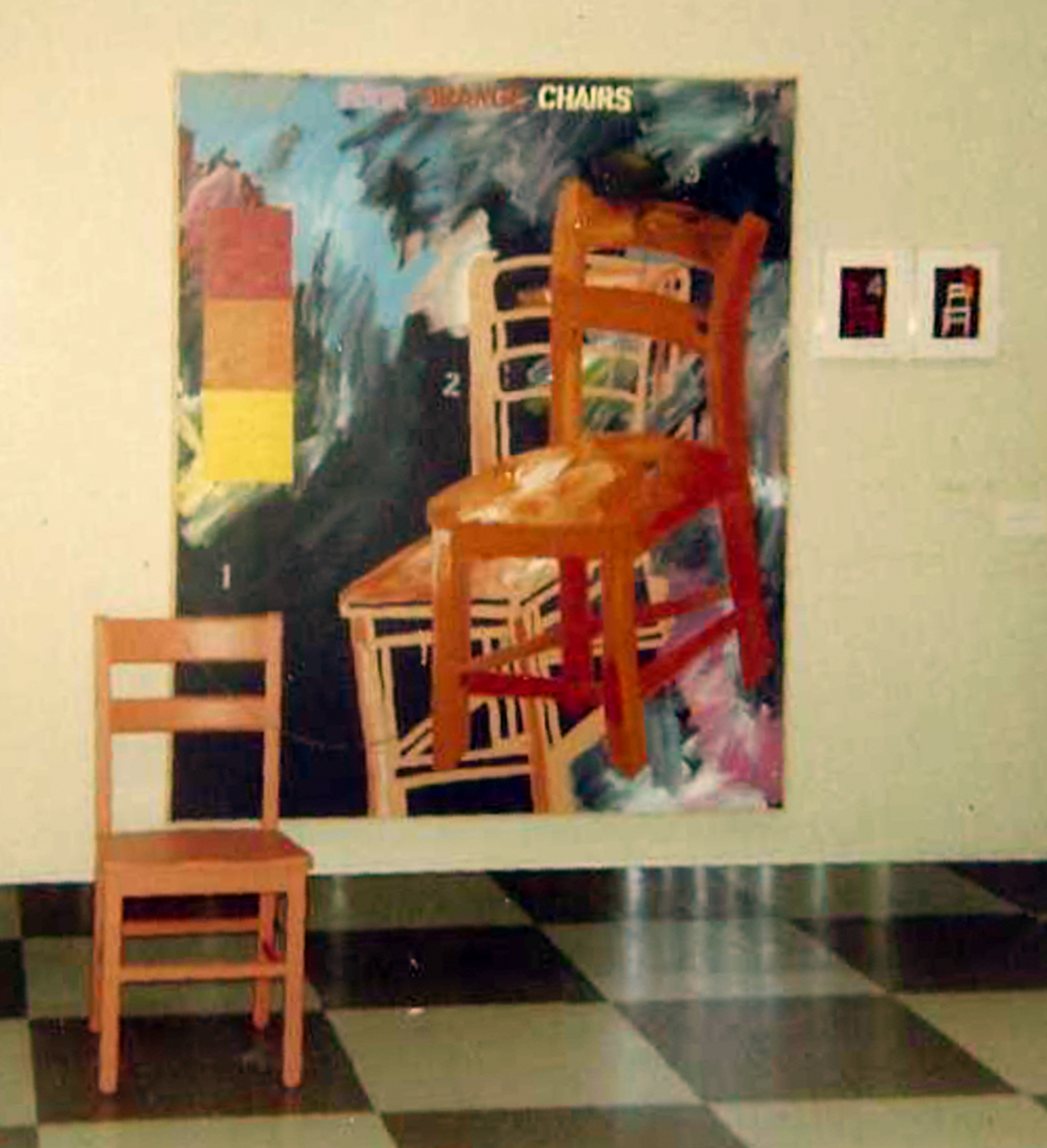 Four Orange Chairs, 60" x 60," Mixed Media on Canvas