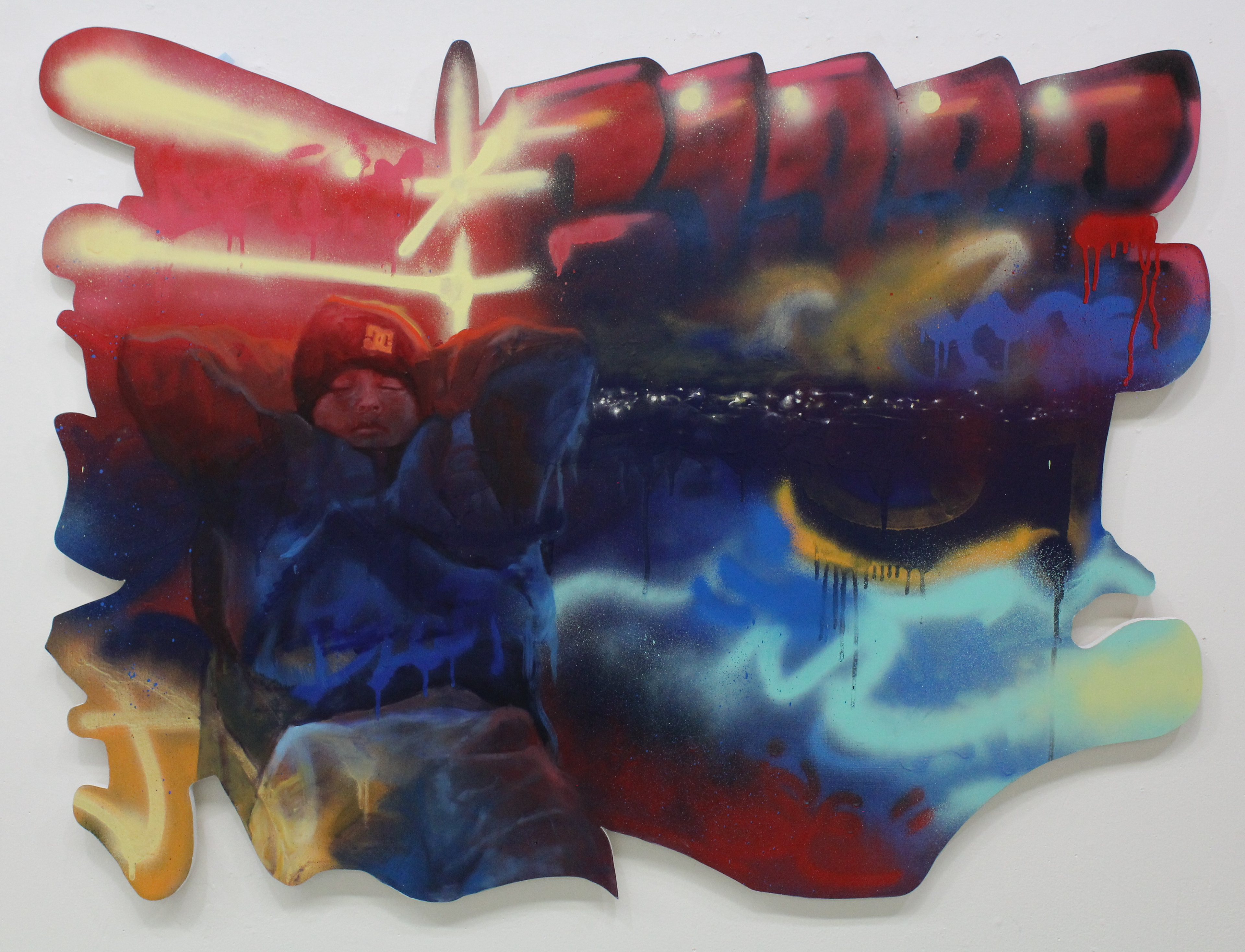 "Adrift" 2025, oil and spray paint on wood, 35" x 47"