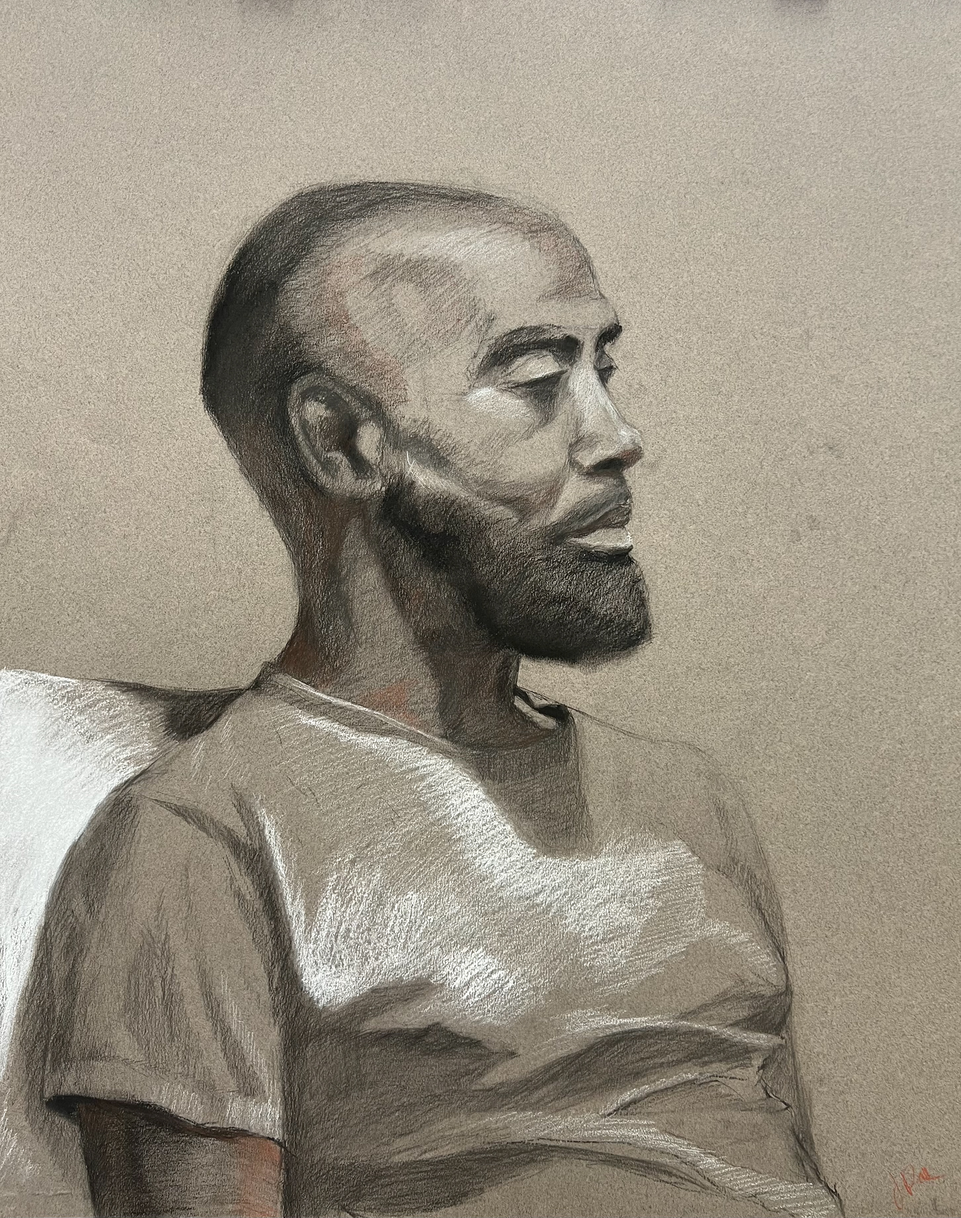 Khyle portrait, 2025, Conte and charcoal on toned paper,19" x 25"