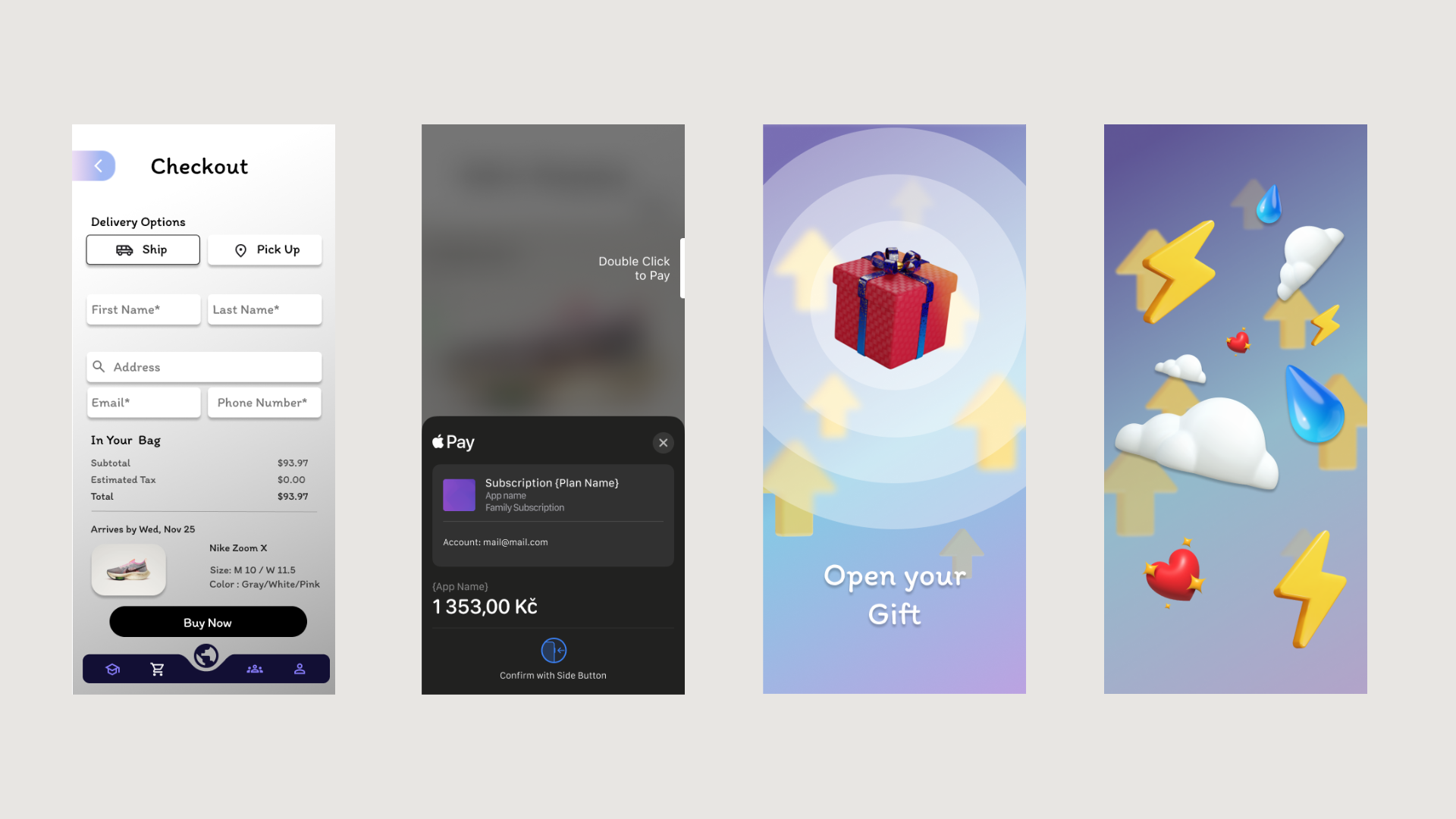 Check-out interface and in-app stat and currency rewards