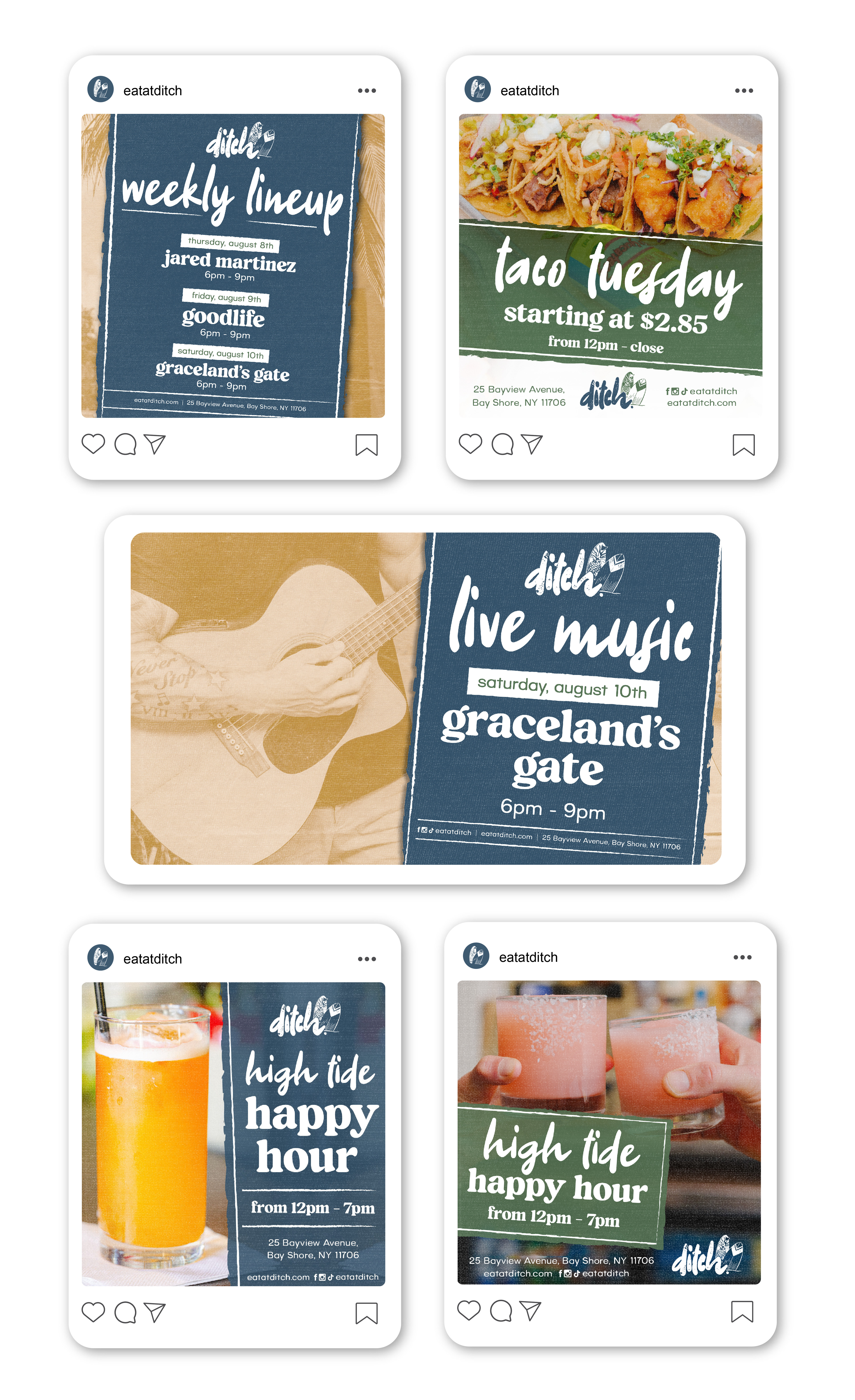 Social media ads for Taco Tuesday and happy hours at Ditch, using retro surfer imagery, palm motifs, and bold typography
