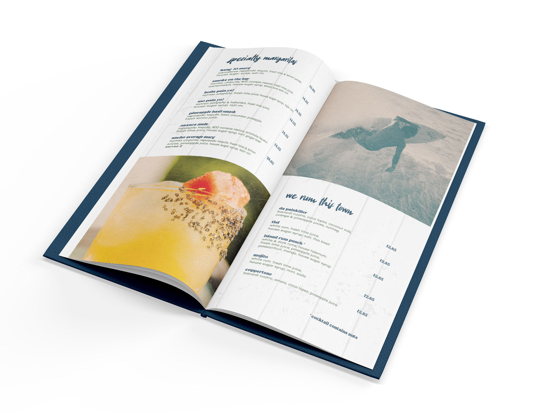 Close‑up of menu page design for Ditch, featuring textured overlays, California‑style imagery and playful layout