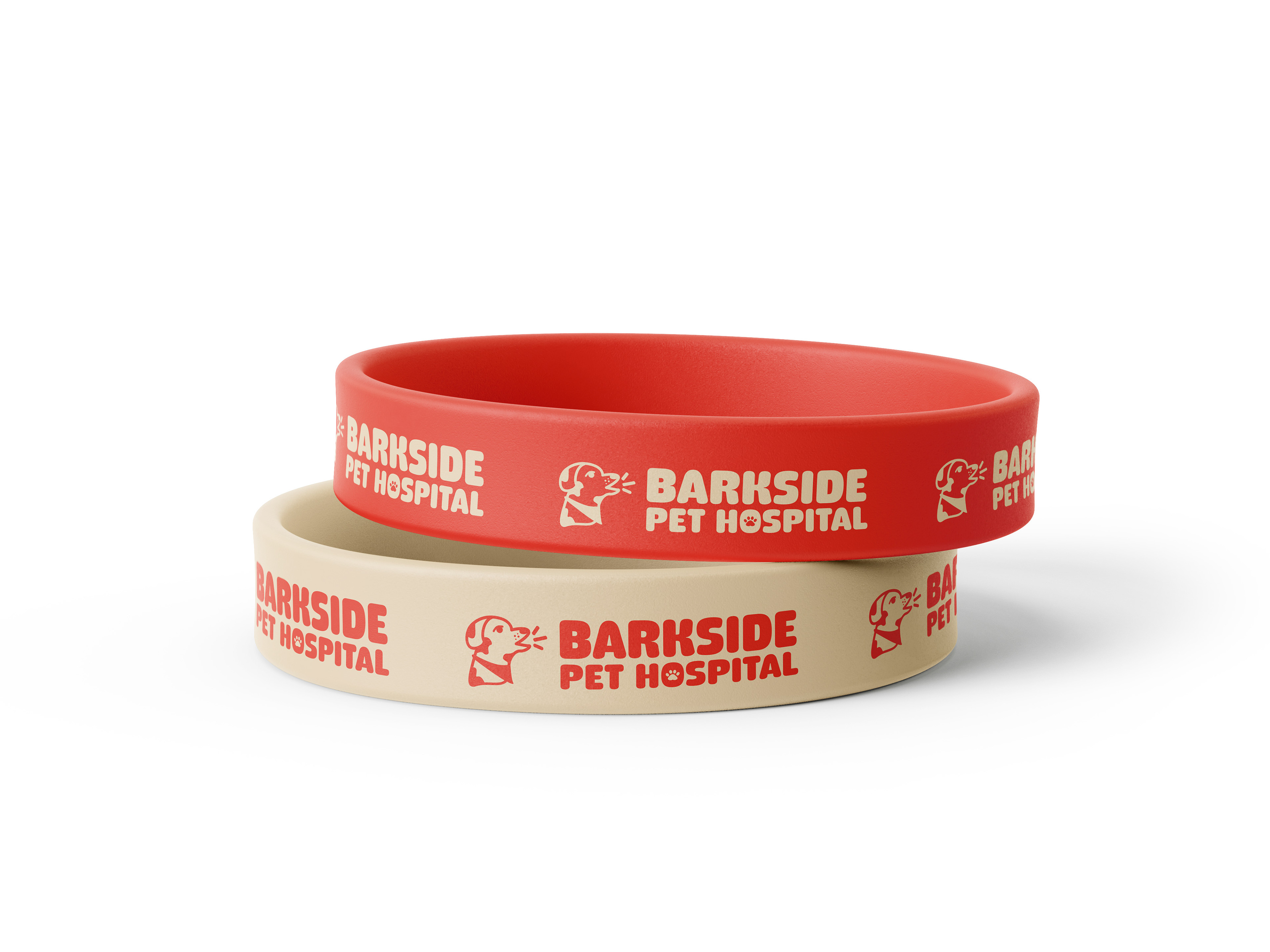 Two wristbands, one red and one beige both showing logo design