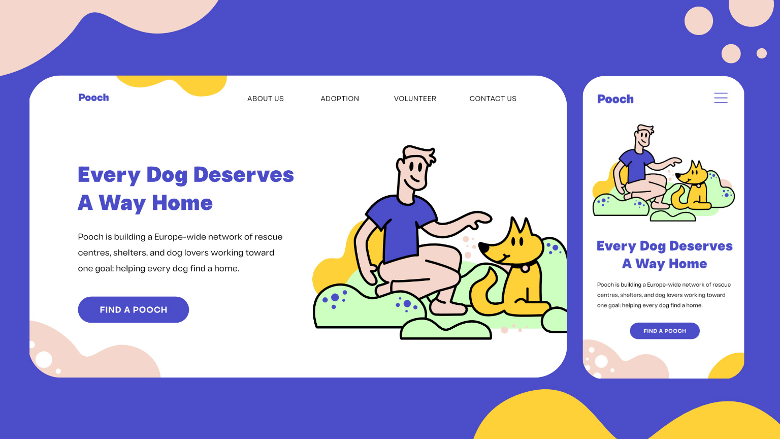 Website illustration for a pet adoption agency website for both desktop and mobile layouts