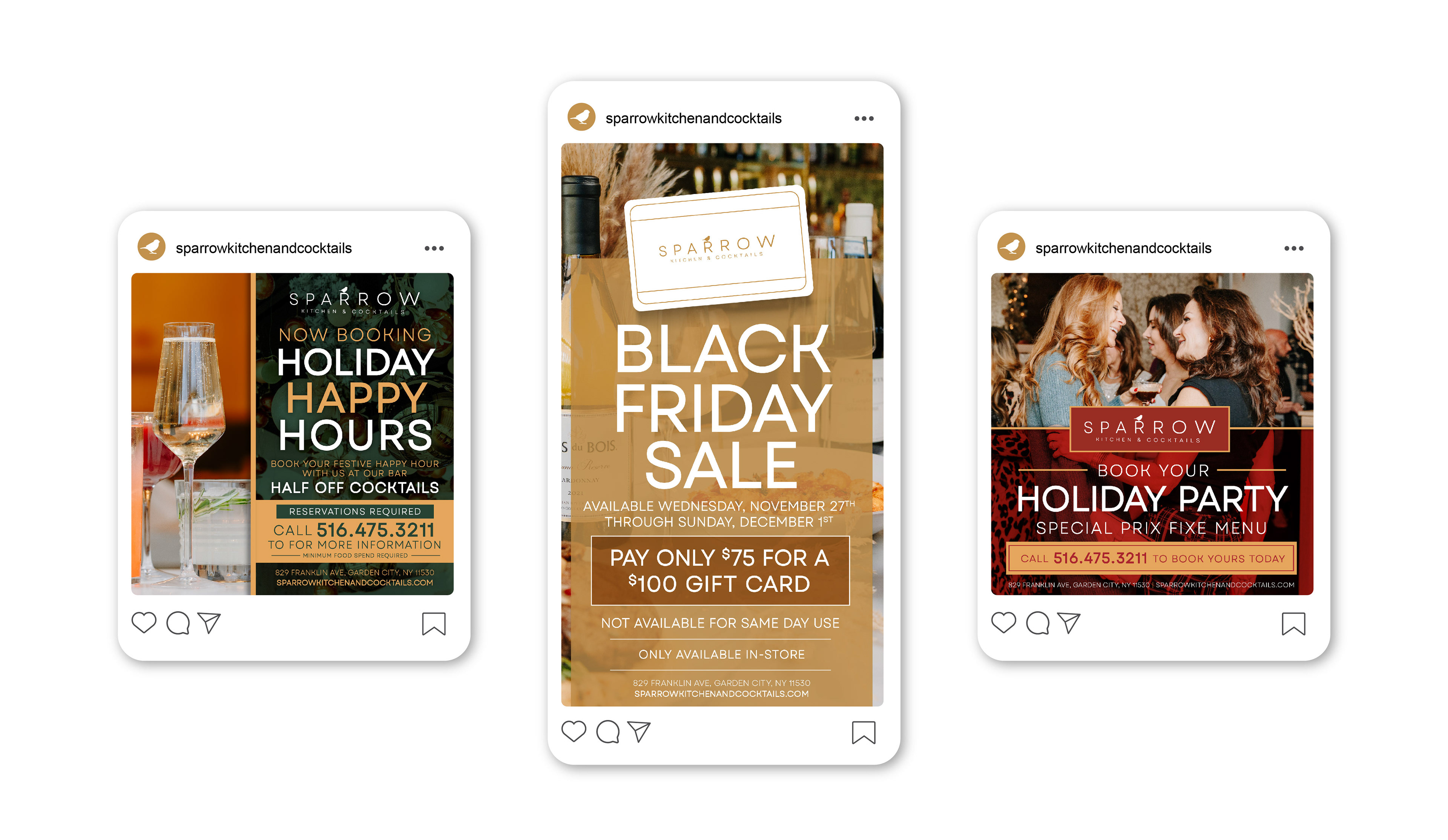 Three Social Media graphics for the holidays including holiday happy hours, parties, and Black Friday