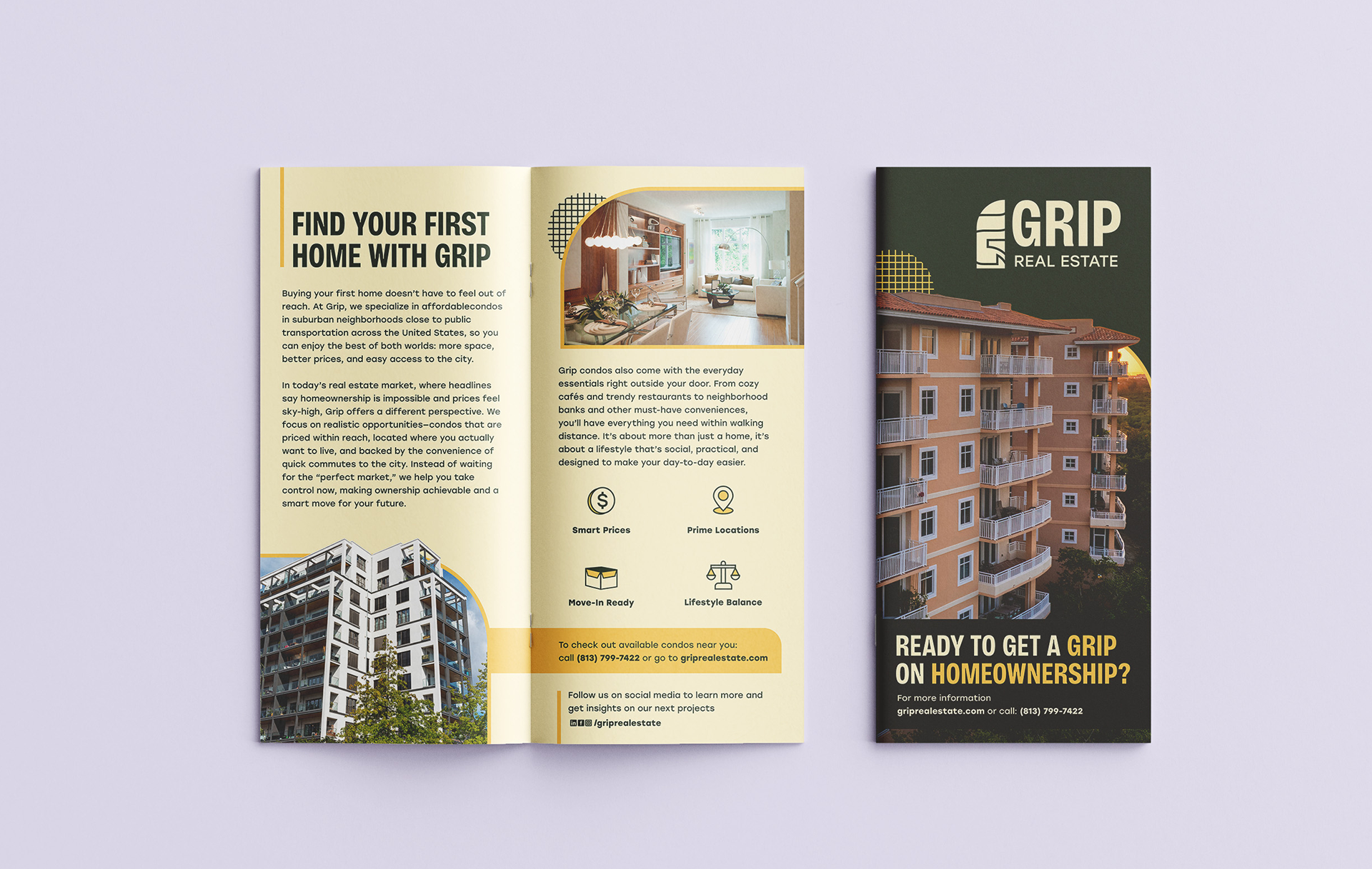 Promotional brochure layout with imagery and brand elements in real-world use