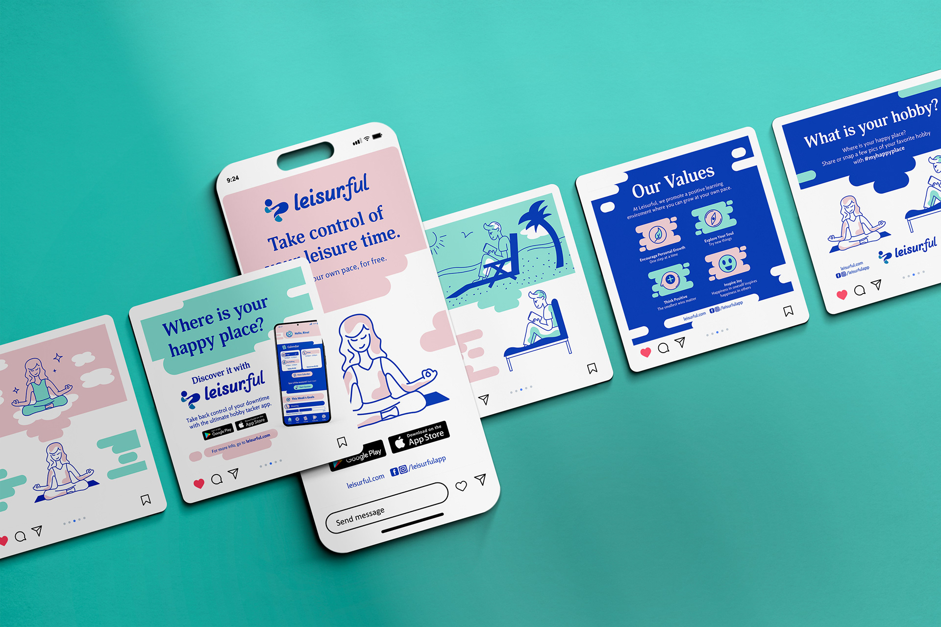 Instagram posts and story mockup promoting Leisurful user interaction with hashtag #myhappyplace—showcasing brand's playful identity and community engagement