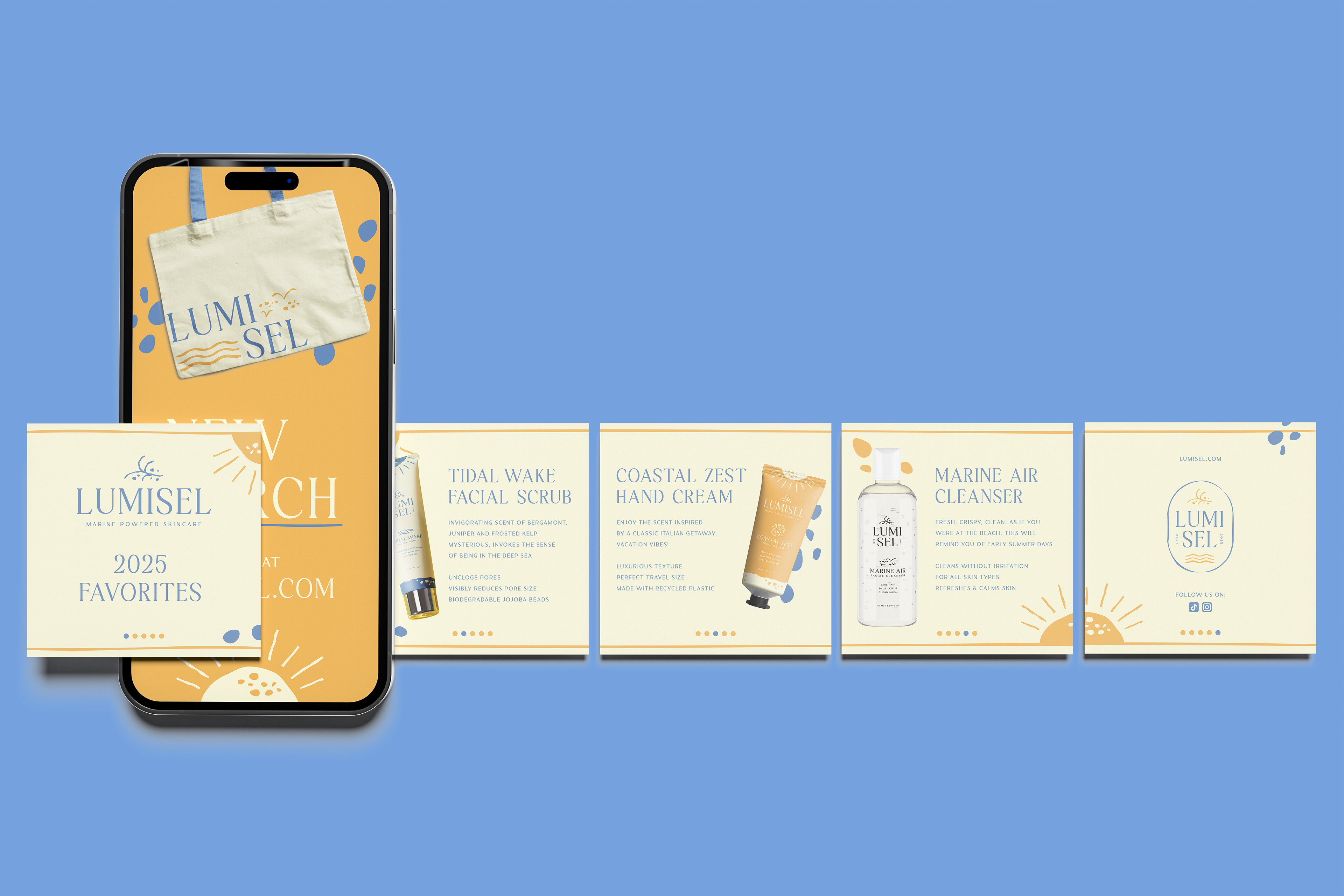 Instagram carousel ad with five images, in front of an instagram story for new merch