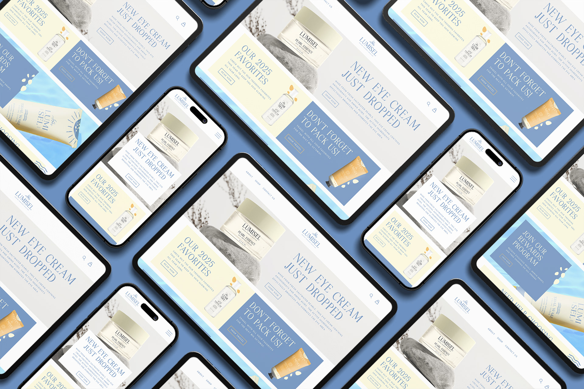 Website mockup laid out against a blue background. Mockups include desktop, tablet, and phone versions of the home page