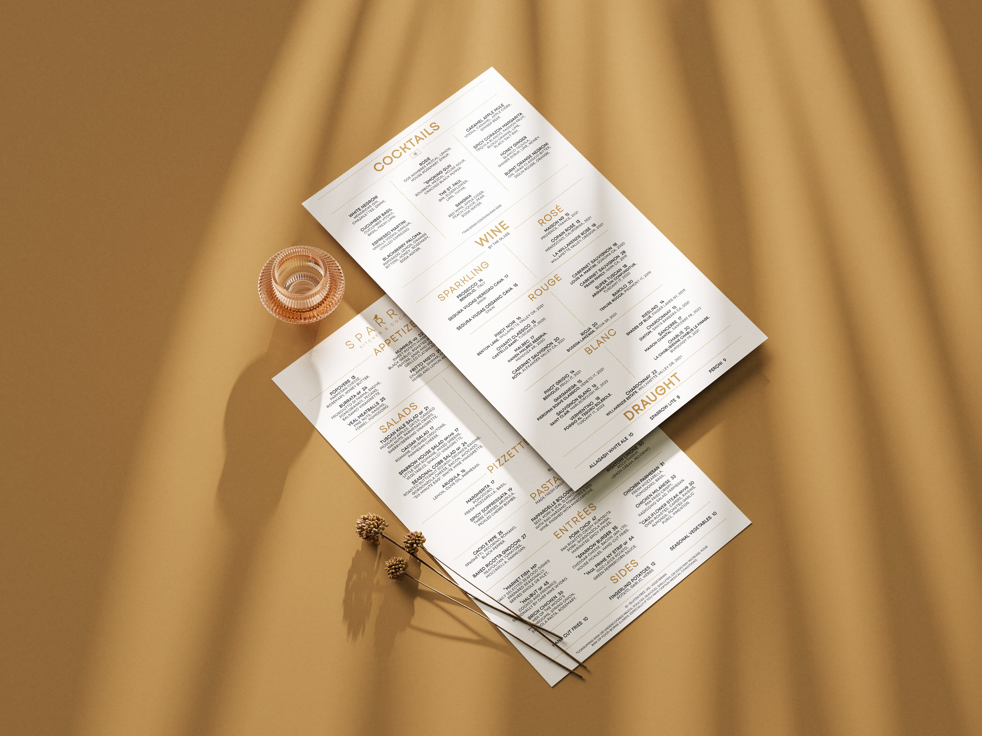 Mockup of Both Food and Drink Menus for Sparrow Kitchen and Cocktails
