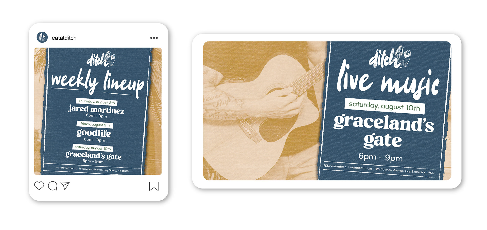 Social Media post and event cover for live music at Dtich, showing branding used for events